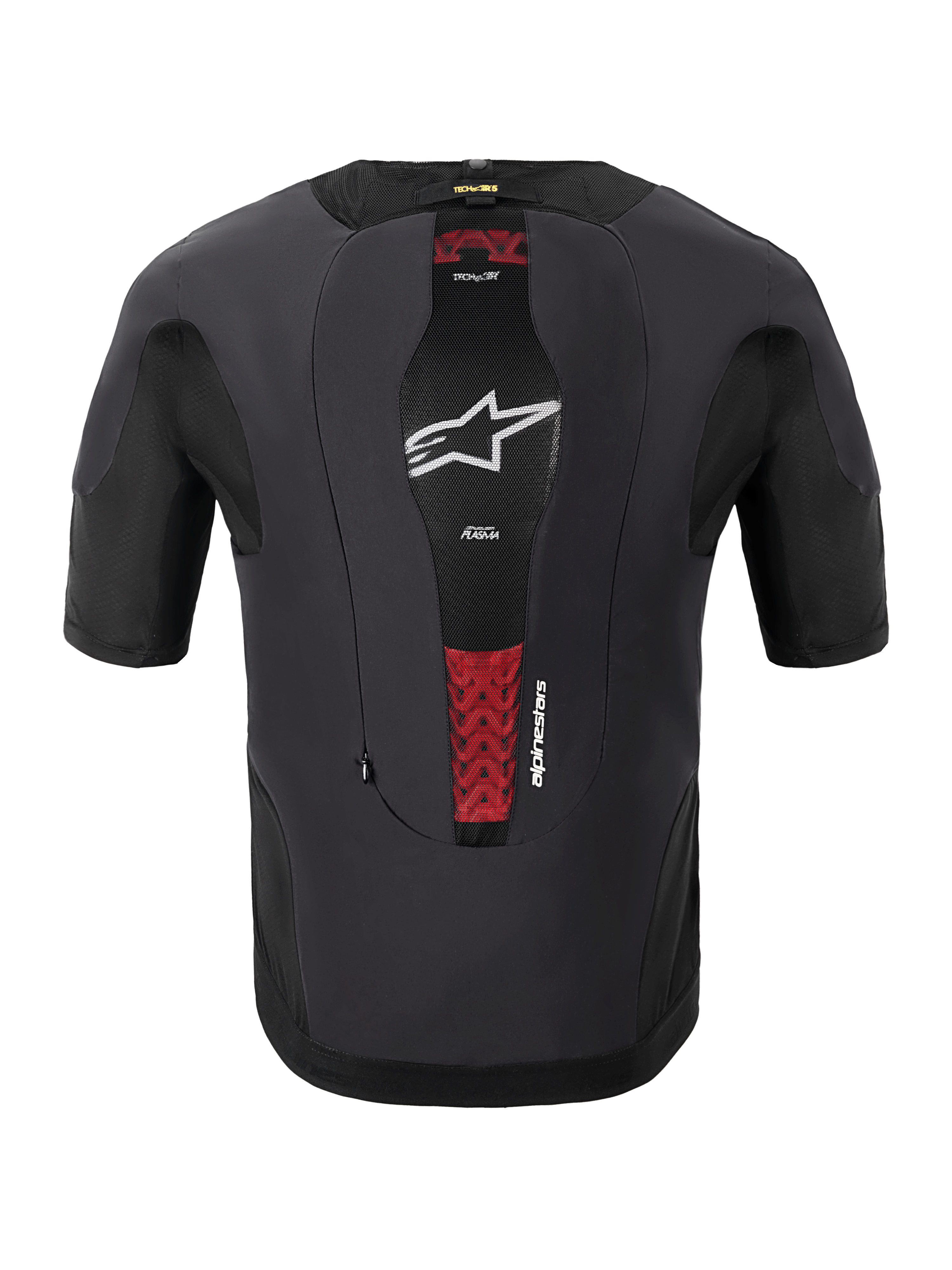 Alpinestars Tech-Air® 5 Plasma System, motorcykel airbag-system, set bagfra, sort, har et centralt mesh-panel med et hvidt stjerne-logo og røde detaljer fra den interne PLASMA-rygbeskytter, tætsiddende kortærmet design til beskyttelse under jakken