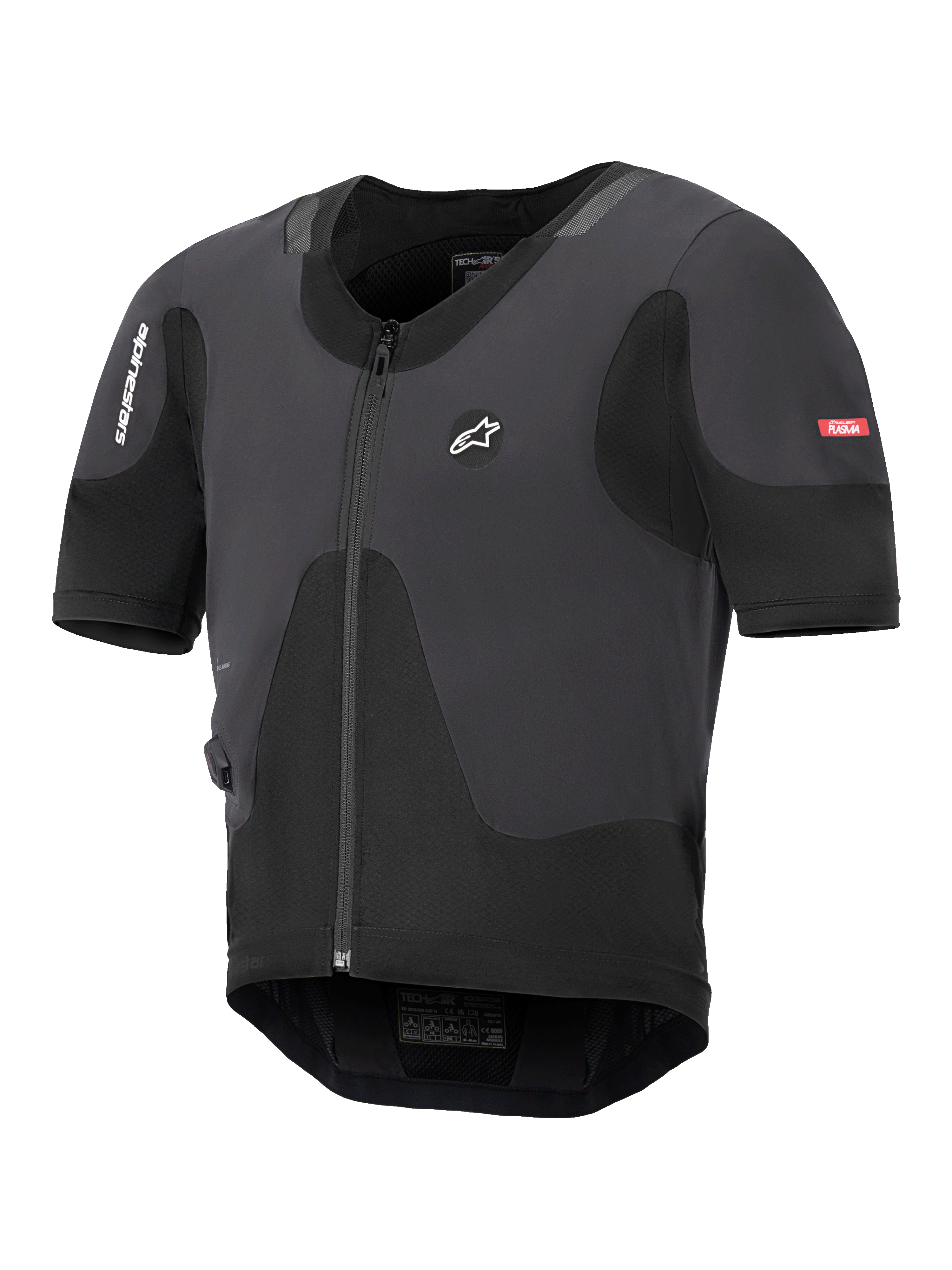 Alpinestars Tech-Air 5 Plasma System, sort motorcykel airbag-vest, slank profil med lynlås foran og korte ærmer, åndbare mesh-paneler og Alpinestars-branding, designet til beskyttelse under jakken