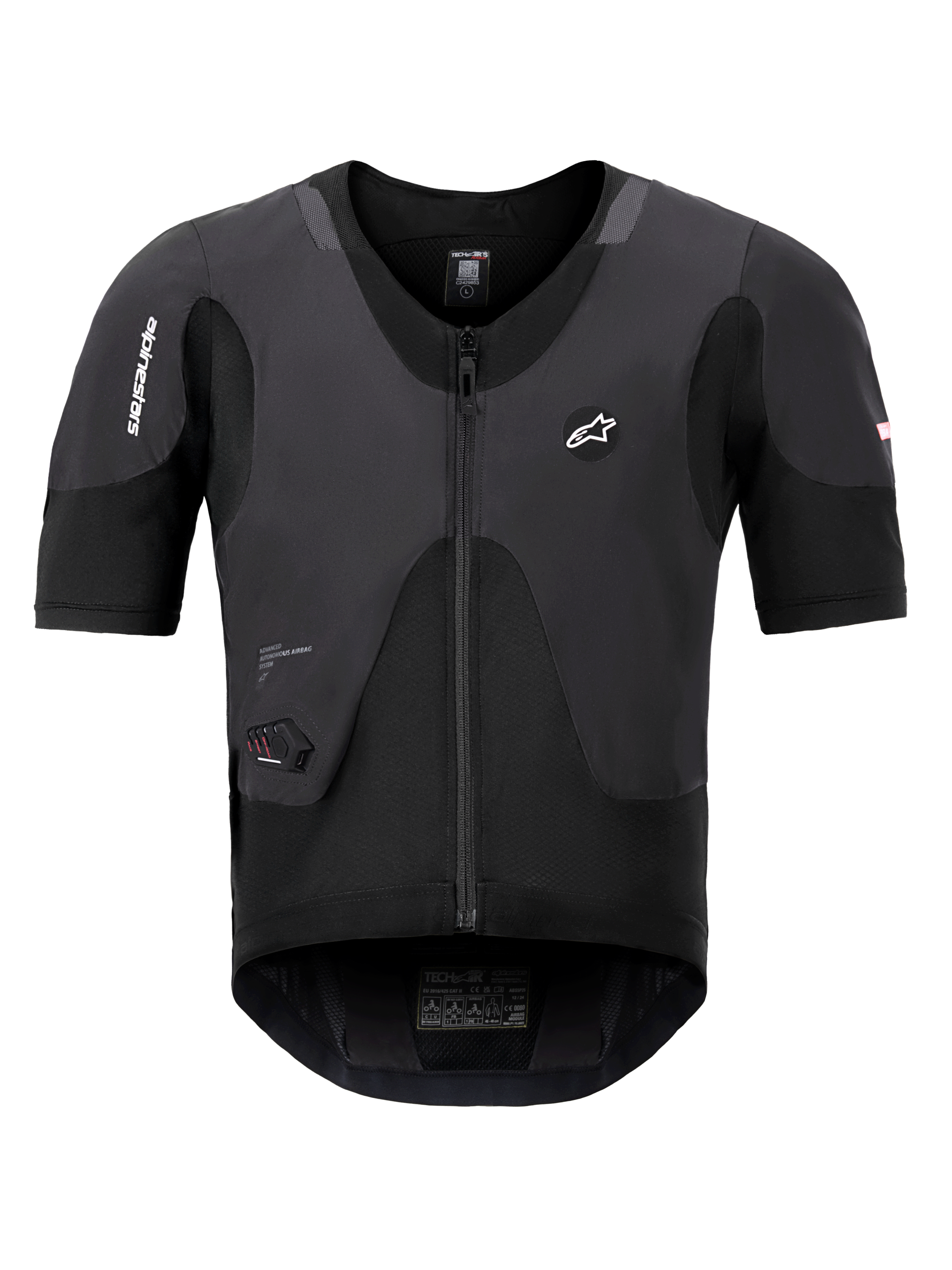 Alpinestars Tech-Air 5 Plasma System, sort airbag-vest, set forfra med korte ærmer og central lynlås, Alpinestars-branding og integreret LED-statusdisplay, ultraslankt beskyttende undertøj til motorcykelsikkerhed