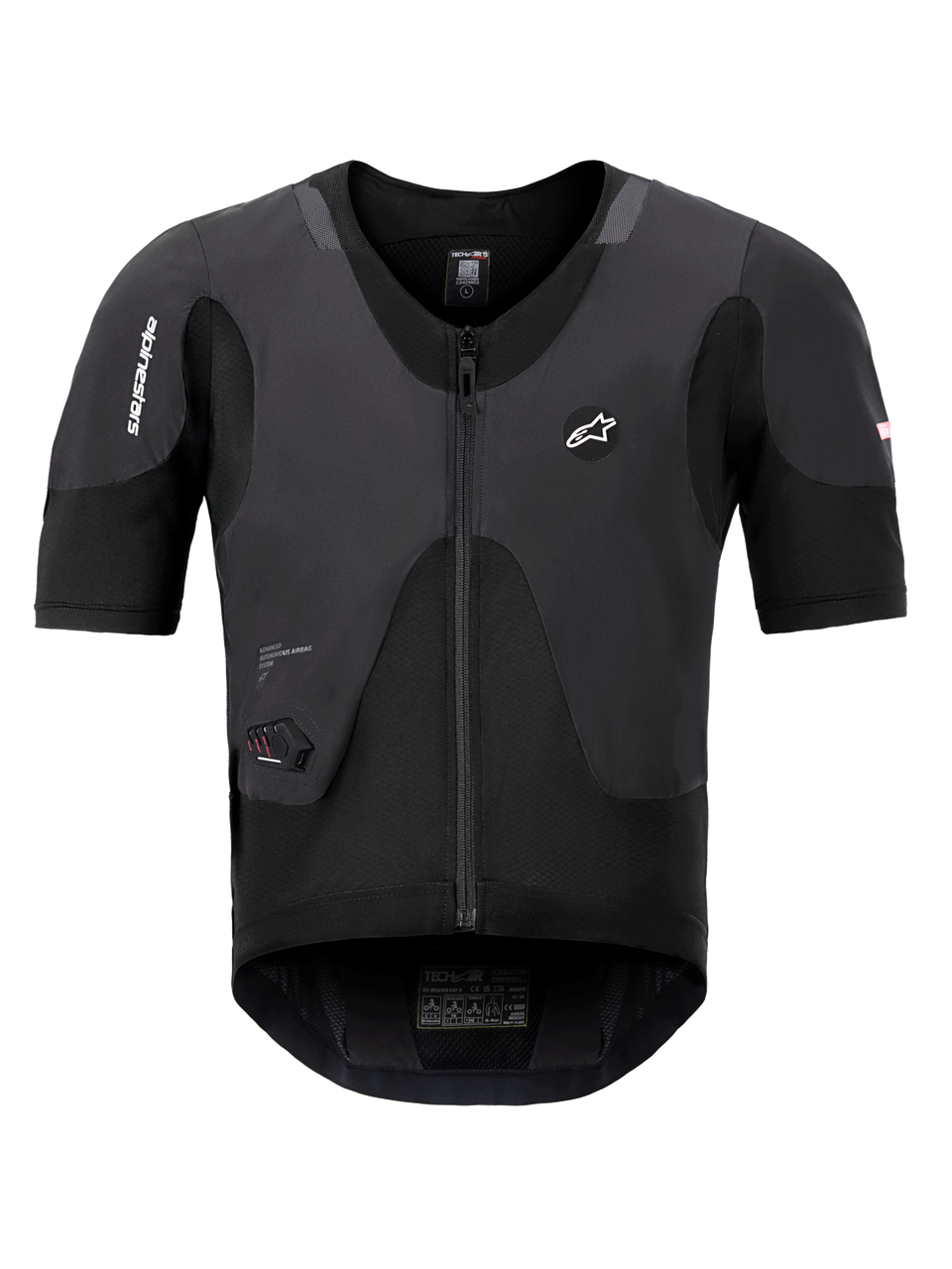 Alpinestars Tech-Air 5 Plasma System, sort airbag-vest, set forfra med korte ærmer og central lynlås, Alpinestars-branding og integreret LED-statusdisplay, ultraslankt beskyttende undertøj til motorcykelsikkerhed