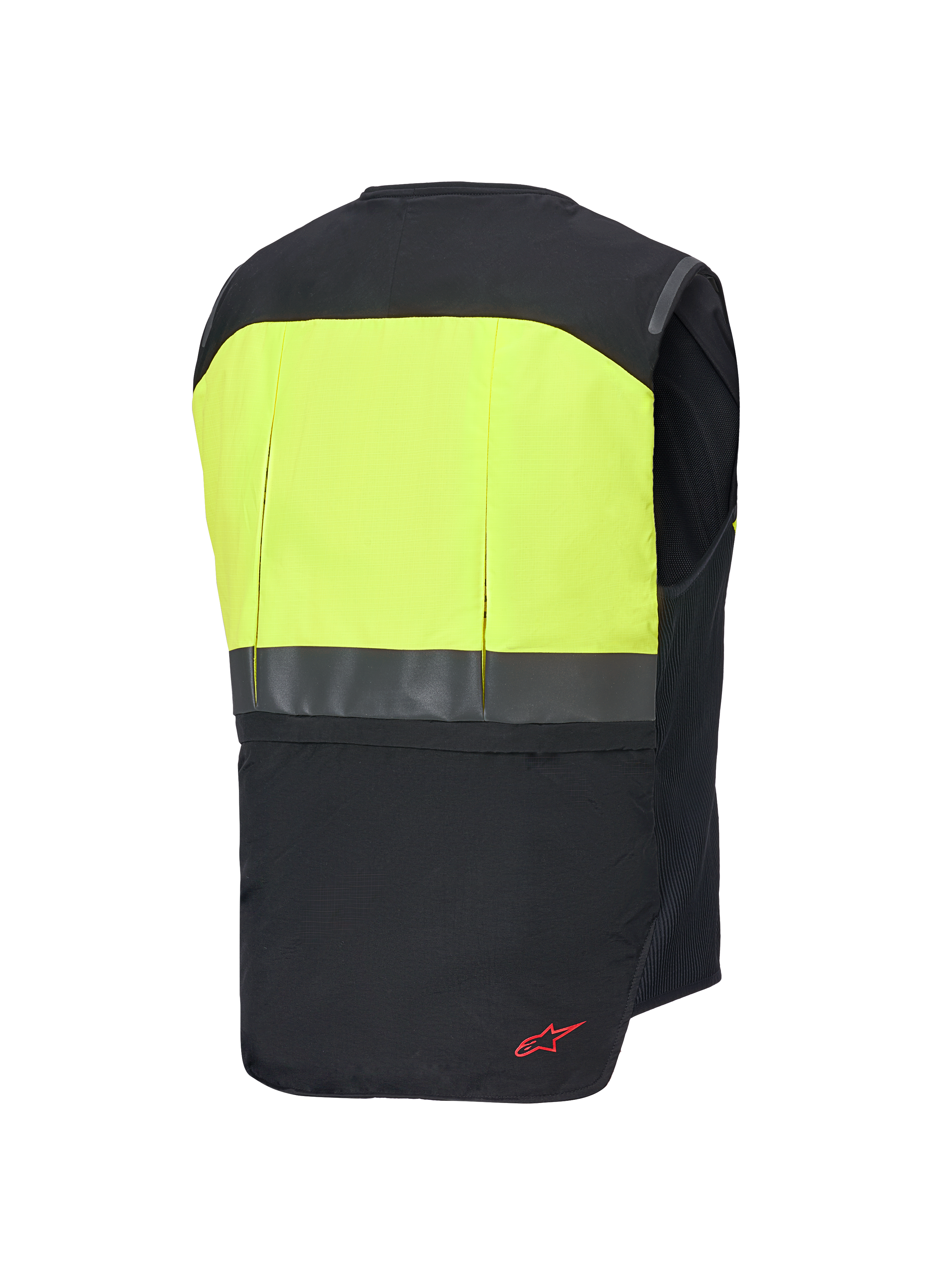 Alpinestars Tech-Air® 3 V2 System, motorcykel airbagvest, set bagfra, sort og gul fluo, med højsynligt gult øvre rygpanel, reflekterende horisontal stribe og rød logodetalje
