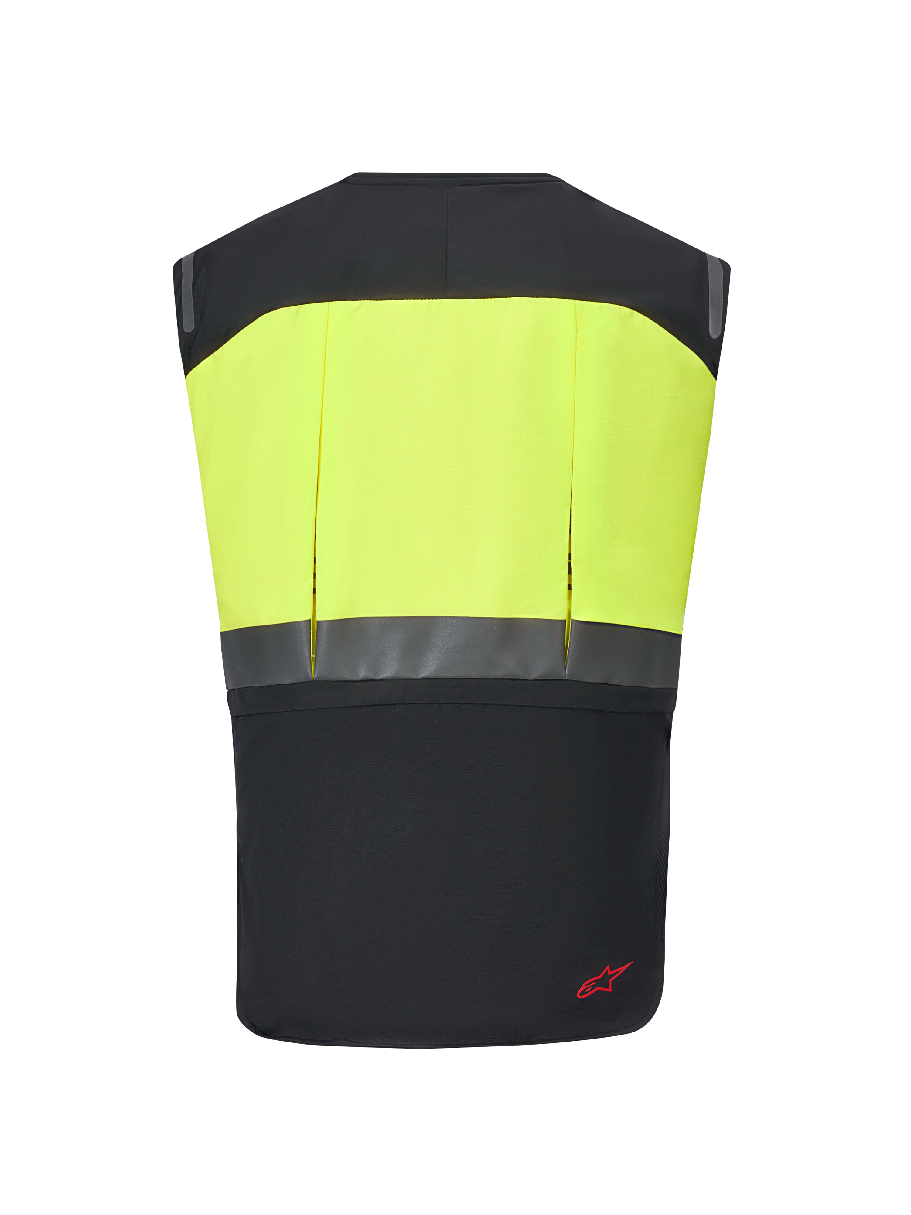 Alpinestars Tech-Air® 3 V2 System, motorcykel airbag-vest, sort og gul fluo, set bagfra med en gul overdel med høj synlighed og en reflekterende vandret stribe, slankt og let beskyttelsesudstyr til touring og pendling