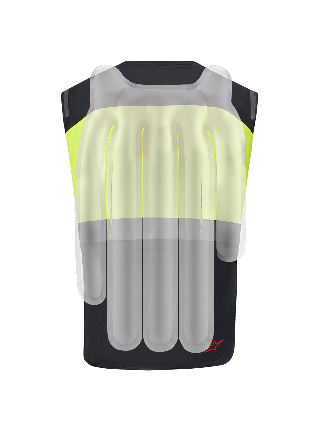 Alpinestars Tech-Air® 3 V2 System, motorcykel airbag-vest, sort og gul fluo, set bagfra med et gennemsigtigt lag, der viser de interne airbag-kamre til beskyttelse af rygsøjle og skuldre