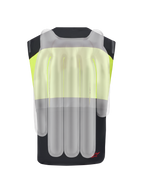 Alpinestars Tech-Air® 3 V2 System, motorcykel airbag-vest, sort og gul fluo, set bagfra med et gennemsigtigt lag, der viser de interne airbag-kamre til beskyttelse af rygsøjle og skuldre