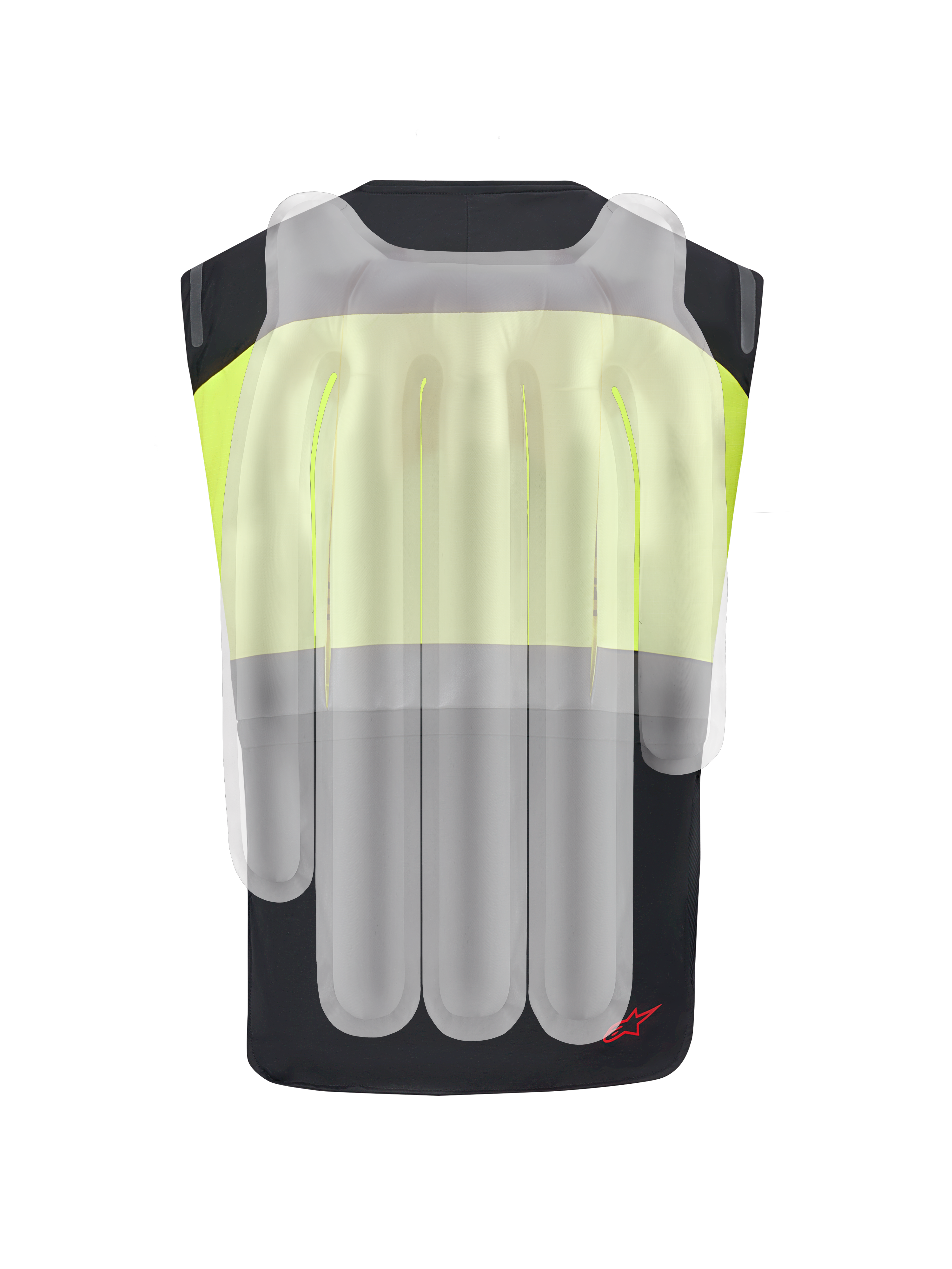 Alpinestars Tech-Air® 3 V2 System, motorcykel airbag-vest, sort og gul fluo, set bagfra med et gennemsigtigt lag, der viser de interne airbag-kamre til beskyttelse af rygsøjle og skuldre