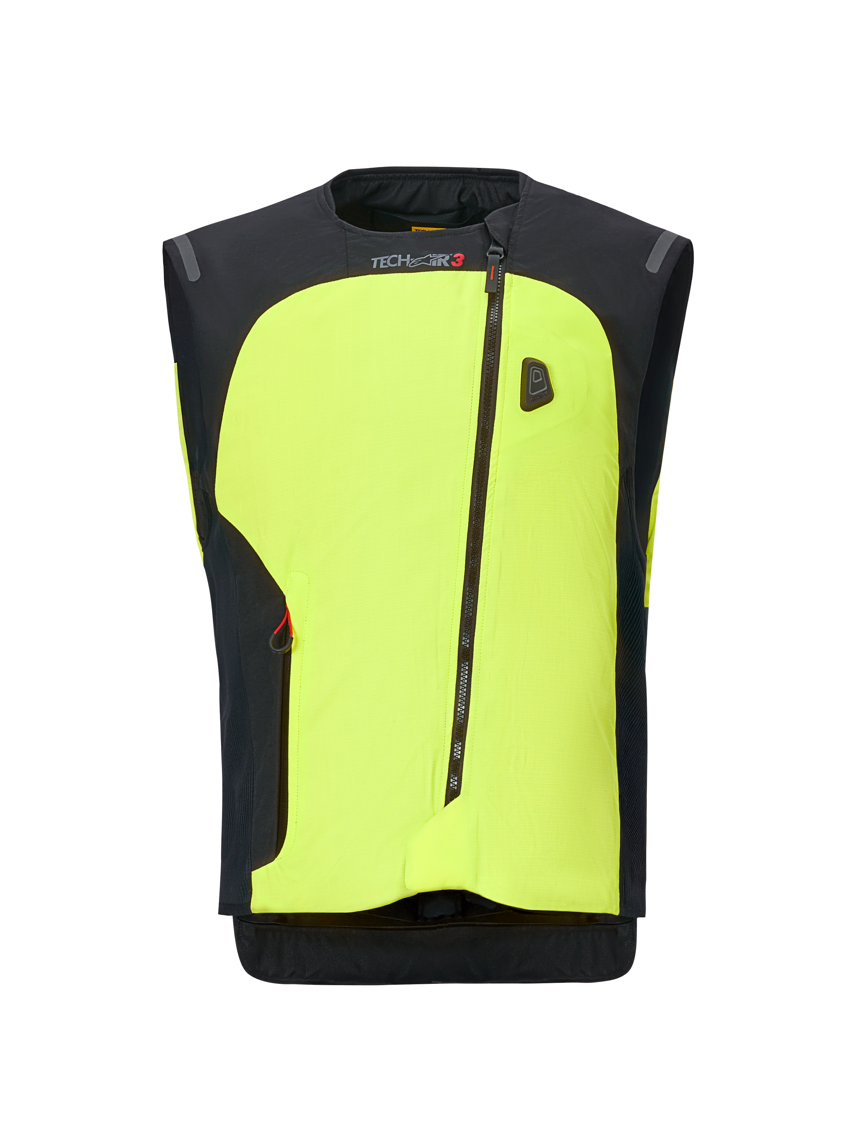 Alpinestars Tech-Air 3 V2 System, motorcykel airbag-vest, neongul og sort, med diagonalt lynlåsdesign, autonomt elektronisk beskyttelsessystem og strømlinet moderne konstruktion til vejbrug