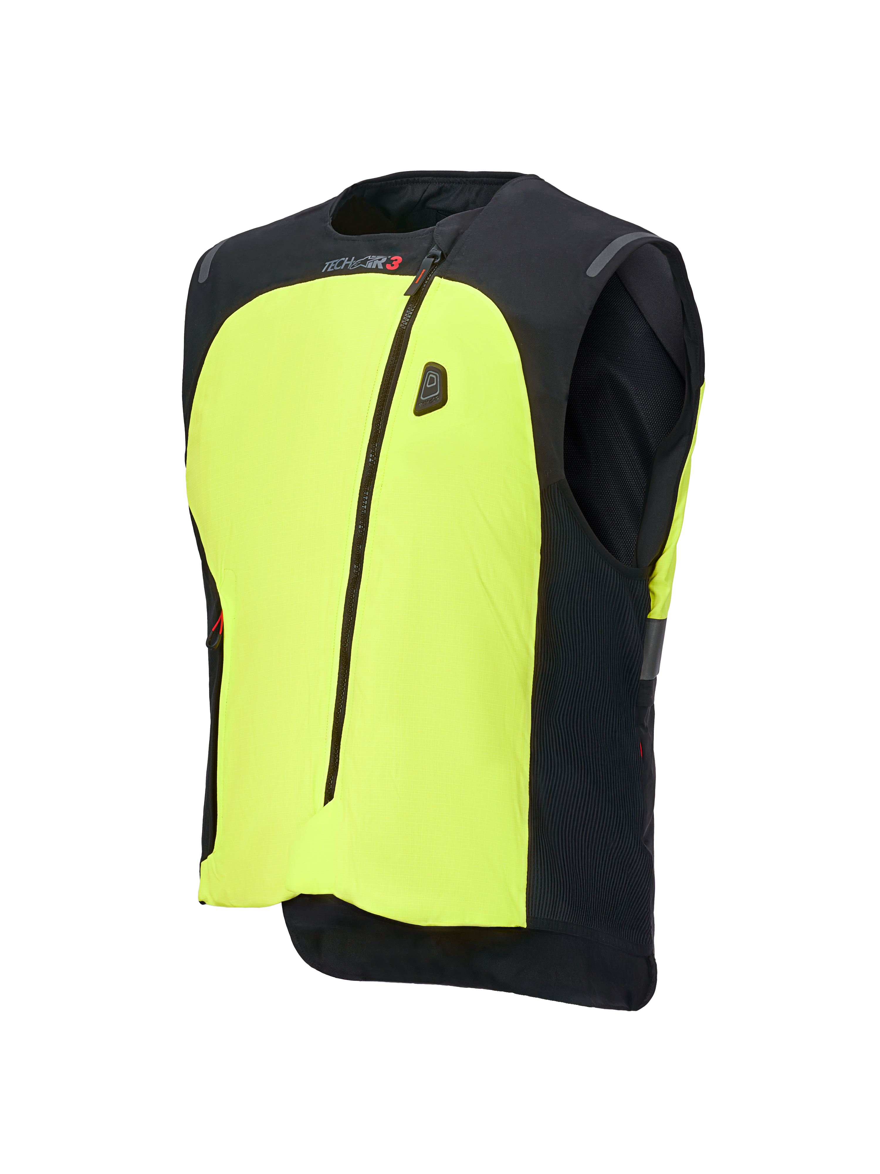 Alpinestars Tech-Air® 3 V2 System, motorcykel airbagvest, sort og neongul, med et iøjnefaldende neongult frontpanel, central lynlås, integreret LED-statusdisplay og Tech-Air branding, letvægts autonom airbagbeskyttelse til vejkørsel