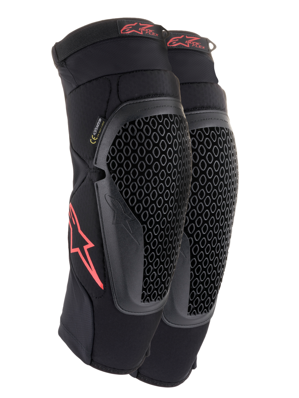 Alpinestars Bionic Flex knæbeskyttere, sort og rød, et par motocross-knæbeskyttere med perforerede Nucleon Flex Technology-skjolde, røde Astars-logoer og elastiske stropper på et åndbart sort mesh-ærme.