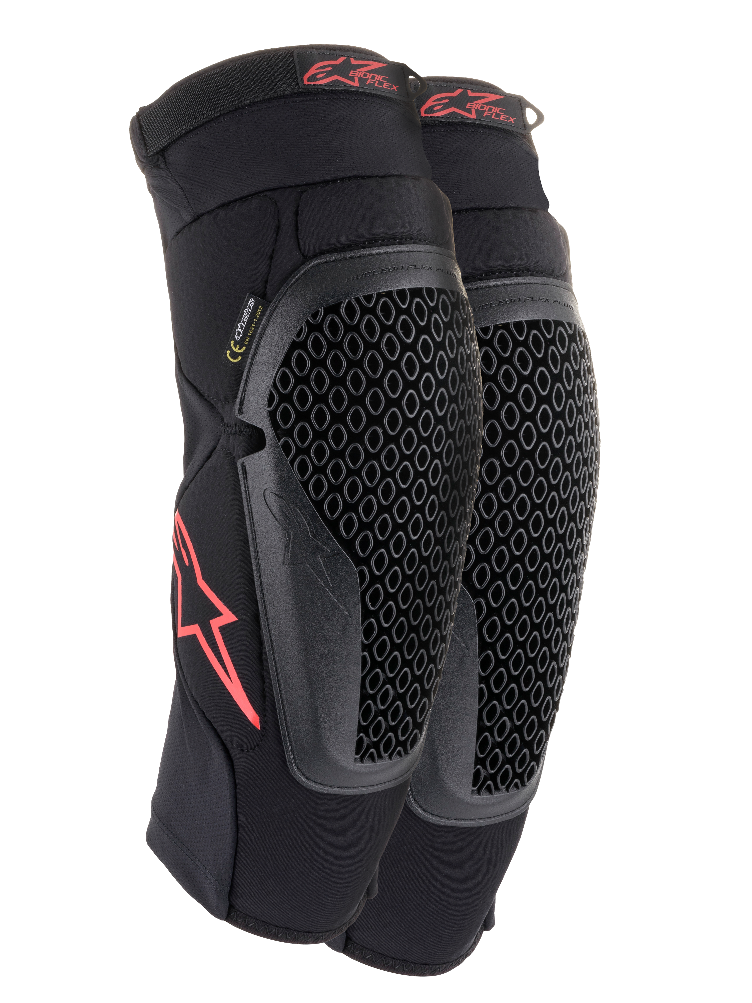 Alpinestars Bionic Flex knæbeskyttere, sort og rød, et par motocross-knæbeskyttere med perforerede Nucleon Flex Technology-skjolde, røde Astars-logoer og elastiske stropper på et åndbart sort mesh-ærme.