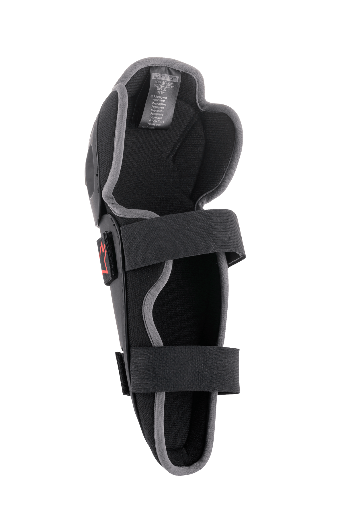 Alpinestars Bionic Action knæbeskytter, motocross knæbeskyttelse, sort og grå, set indefra med dobbelt elastisk stropsystem, skumpolstring og ergonomisk asymmetrisk design til off-road kørsel