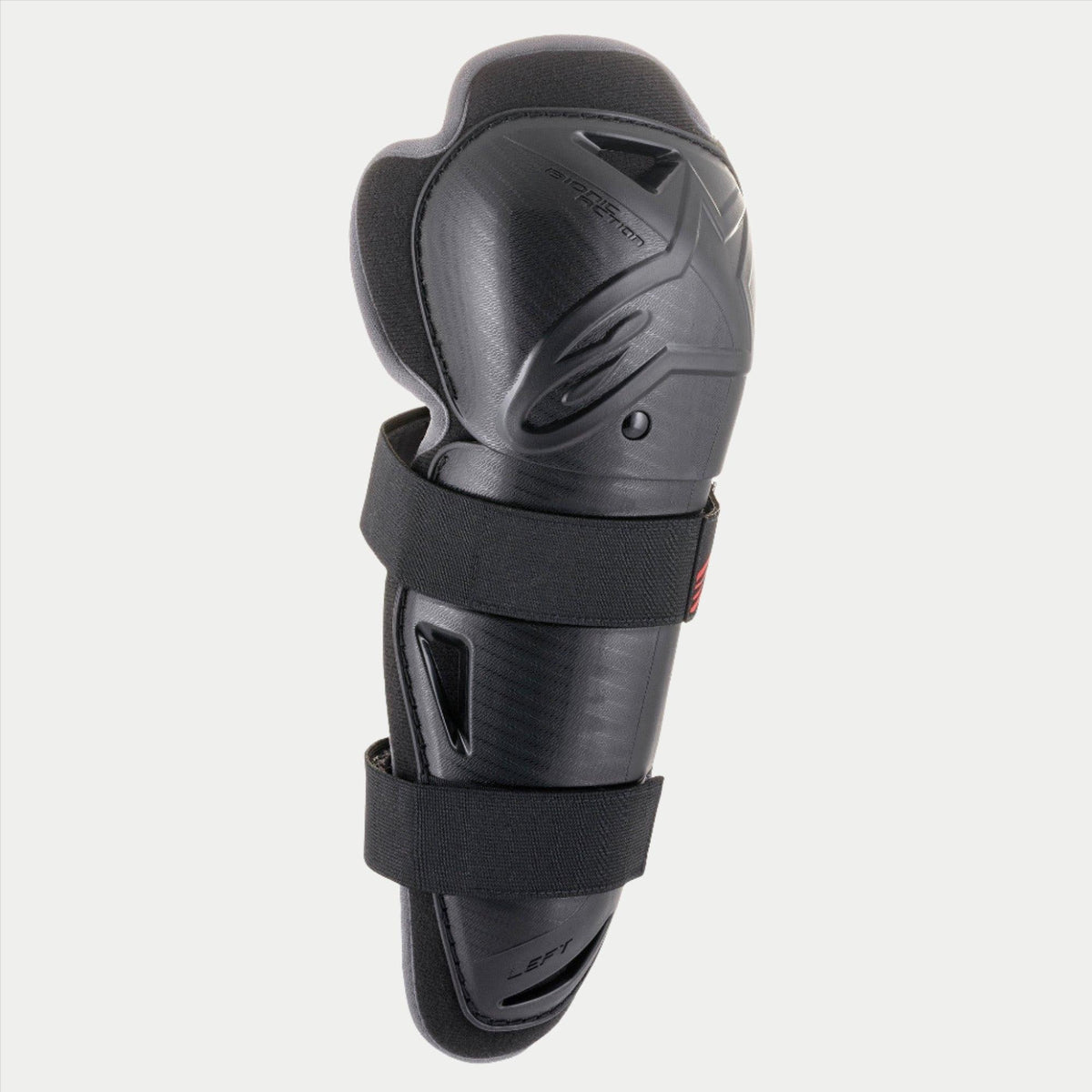 Alpinestars Youth Bionic Action knæbeskytter, sort, enkelt beskytter med dobbelte elastiske stropper, ergonomisk asymmetrisk plastikskal med præget logo, beskyttende motocross- og off-road-udstyr til unge kørere