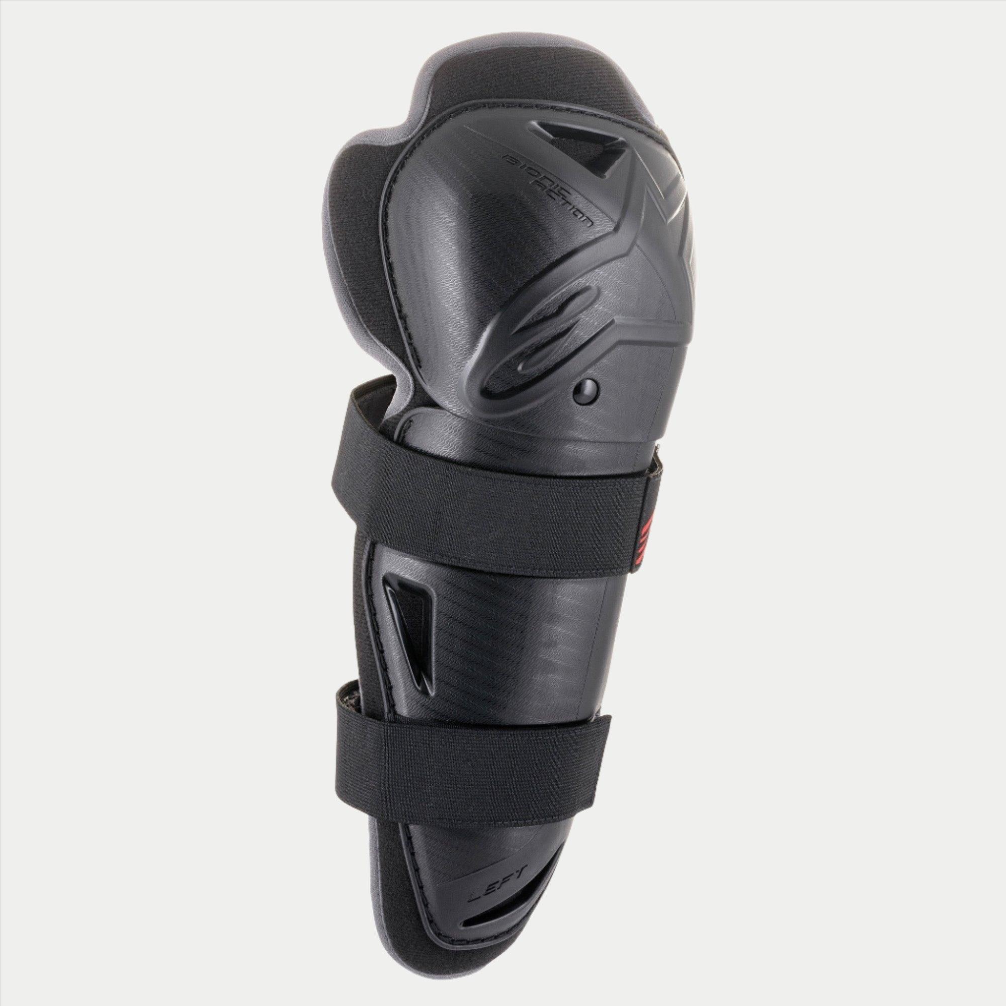 Alpinestars Youth Bionic Action knæbeskytter, sort, enkelt beskytter med dobbelte elastiske stropper, ergonomisk asymmetrisk plastikskal med præget logo, beskyttende motocross- og off-road-udstyr til unge kørere