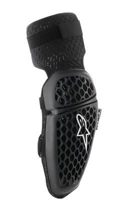Alpinestars Bionic Plus albuebeskyttere, sort, motocross albuebeskyttelse, honeycomb-mønster til ventilation, ergonomisk buet design, tekstureret elastikrem, CE-certificeret, set fra højre side
