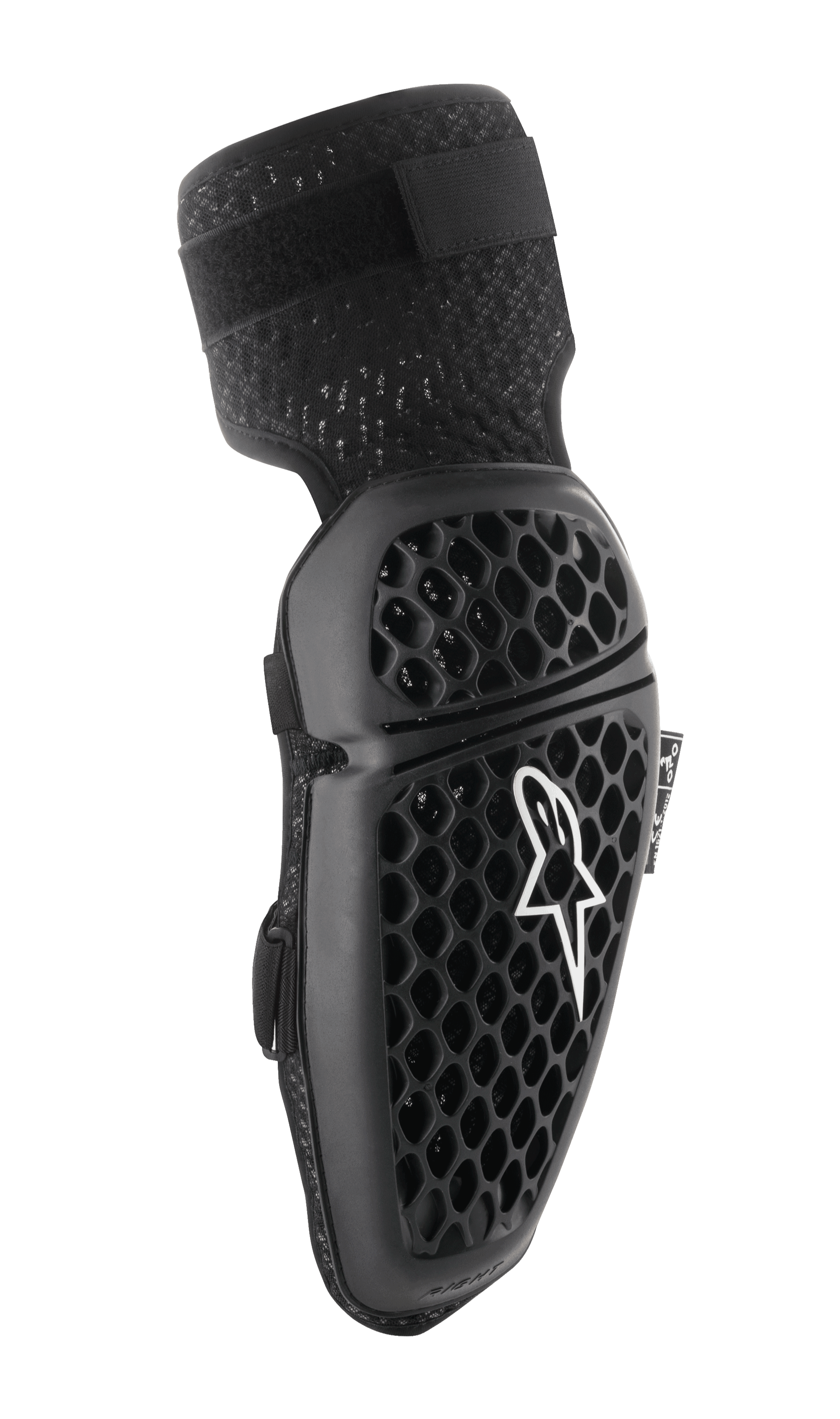 Alpinestars Bionic Plus albuebeskyttere, sort, motocross albuebeskyttelse, honeycomb-mønster til ventilation, ergonomisk buet design, tekstureret elastikrem, CE-certificeret, set fra højre side