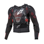Alpinestars Bionic Tech V3 Protection Jacket, motorcykelbeskyttelsesjakke, sort med hvide og røde detaljer, perforeret brystbeskytter med hvidt stjernelogo, justerbare røde spænder, integrerede skulder- og albuebeskyttere, åndbart mesh-baselag