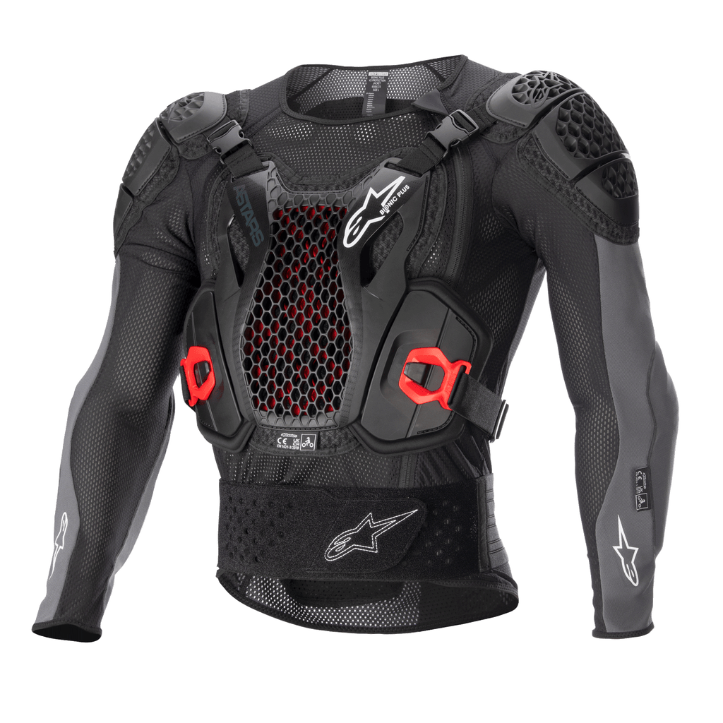 Alpinestars Bionic Plus V2 Protection Jacket, motocross kropsbeskyttelse, sort og antracitgrå med røde detaljer, brystbeskytter i bikubemønstret mesh, polstrede skuldre og albuer, åndbart mesh-design til off-road racing