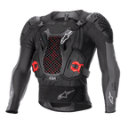 Alpinestars Bionic Plus V2 Protection Jacket, motocross kropsbeskyttelse, sort og antracitgrå med røde detaljer, brystbeskytter i bikubemønstret mesh, polstrede skuldre og albuer, åndbart mesh-design til off-road racing