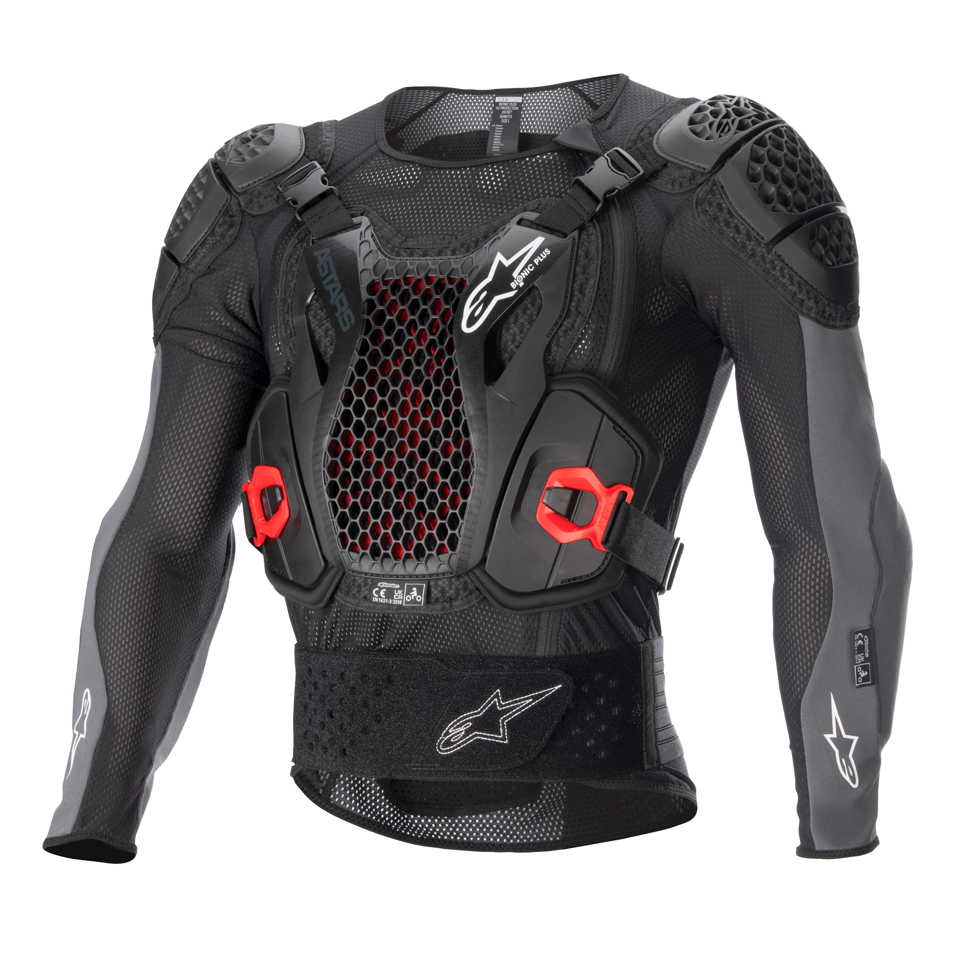 Alpinestars Bionic Plus V2 Protection Jacket, motocross kropsbeskyttelse, sort og antracitgrå med røde detaljer, brystbeskytter i bikubemønstret mesh, polstrede skuldre og albuer, åndbart mesh-design til off-road racing