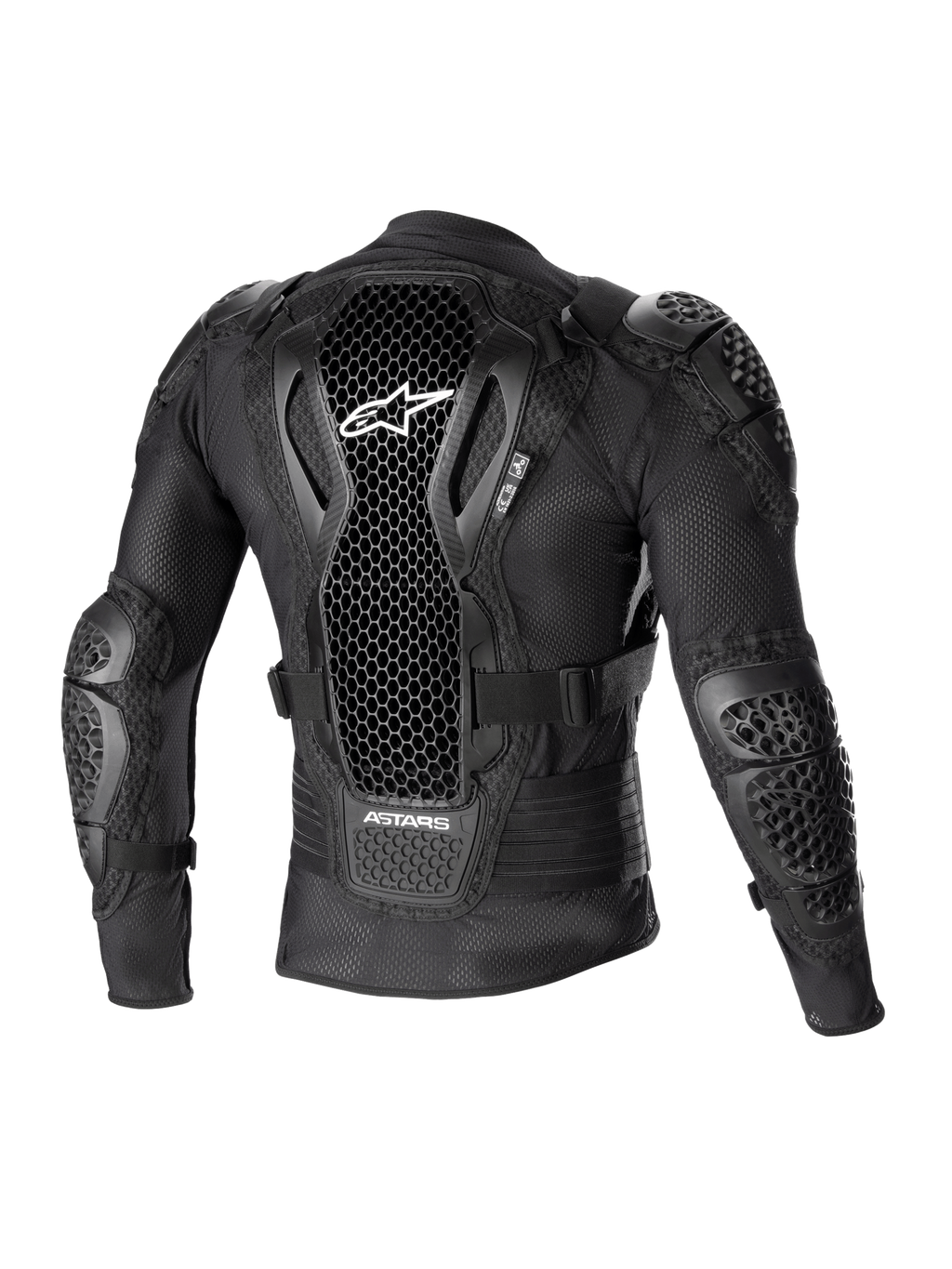Alpinestars Bionic Action V2 beskyttelsesjakke, set bagfra, sort, med perforeret Cell Technology-rygbeskytter og hvidt logo, mesh-konstruktion med integreret skulder- og albuebeskyttelse, designet til motocross- og off-road-beskyttelse