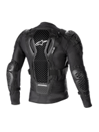 Alpinestars Bionic Action V2 beskyttelsesjakke, set bagfra, sort, med perforeret Cell Technology-rygbeskytter og hvidt logo, mesh-konstruktion med integreret skulder- og albuebeskyttelse, designet til motocross- og off-road-beskyttelse