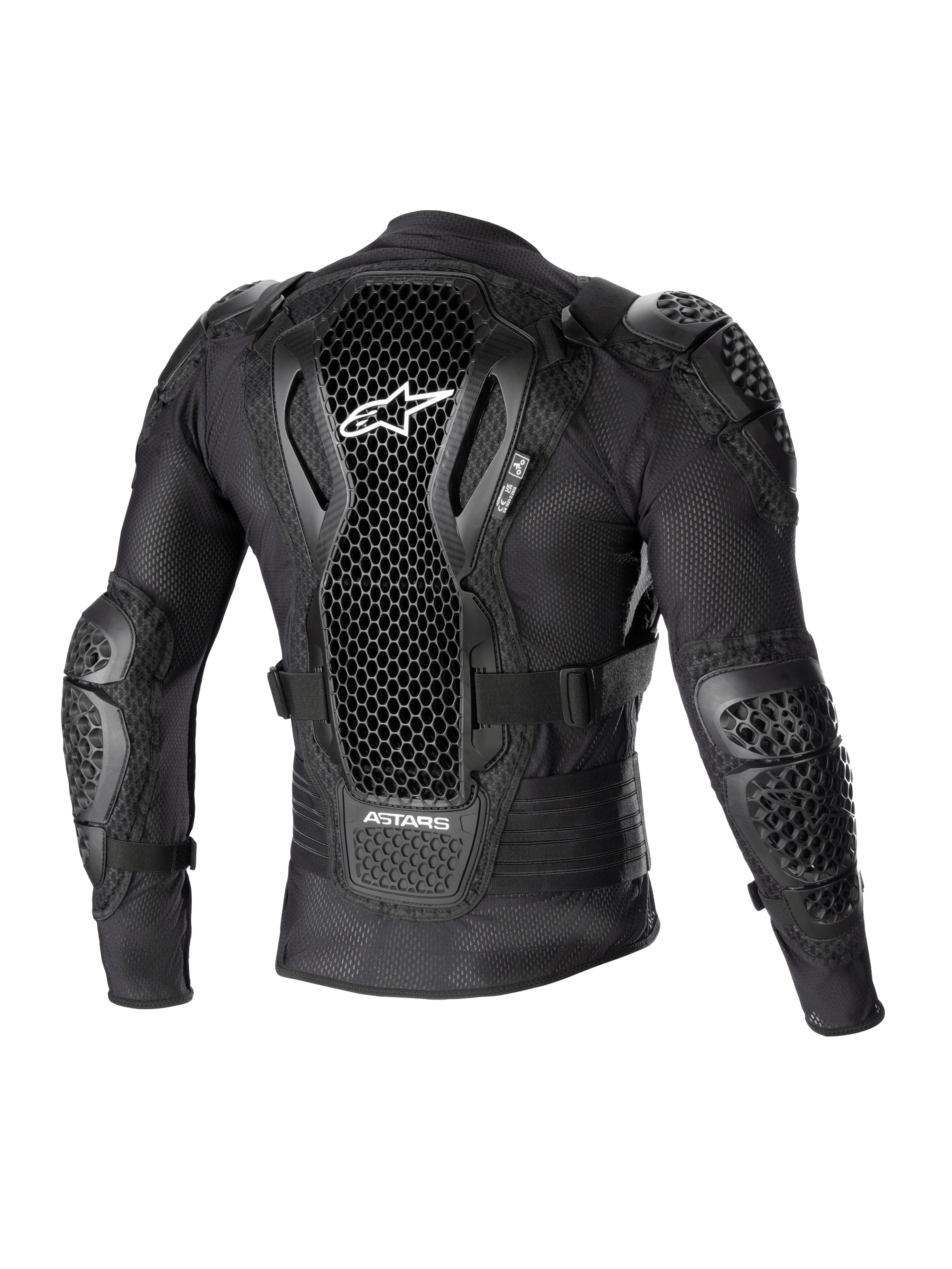 Alpinestars Bionic Action V2 beskyttelsesjakke, set bagfra, sort, med perforeret Cell Technology-rygbeskytter og hvidt logo, mesh-konstruktion med integreret skulder- og albuebeskyttelse, designet til motocross- og off-road-beskyttelse