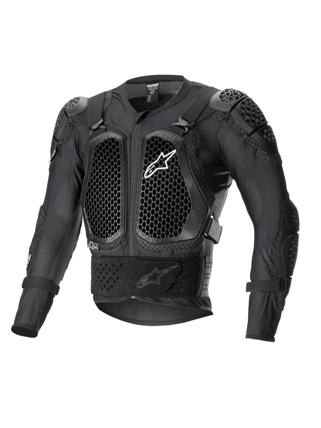 Alpinestars Bionic Action V2 beskyttelsesjakke, sort, med bikagemønstrede Cell Technology bryst- og albuebeskyttere, åndbar mesh-konstruktion, hvidt Alpinestars-logo på brystet, off-road motorcykelbeskyttelsesudstyr