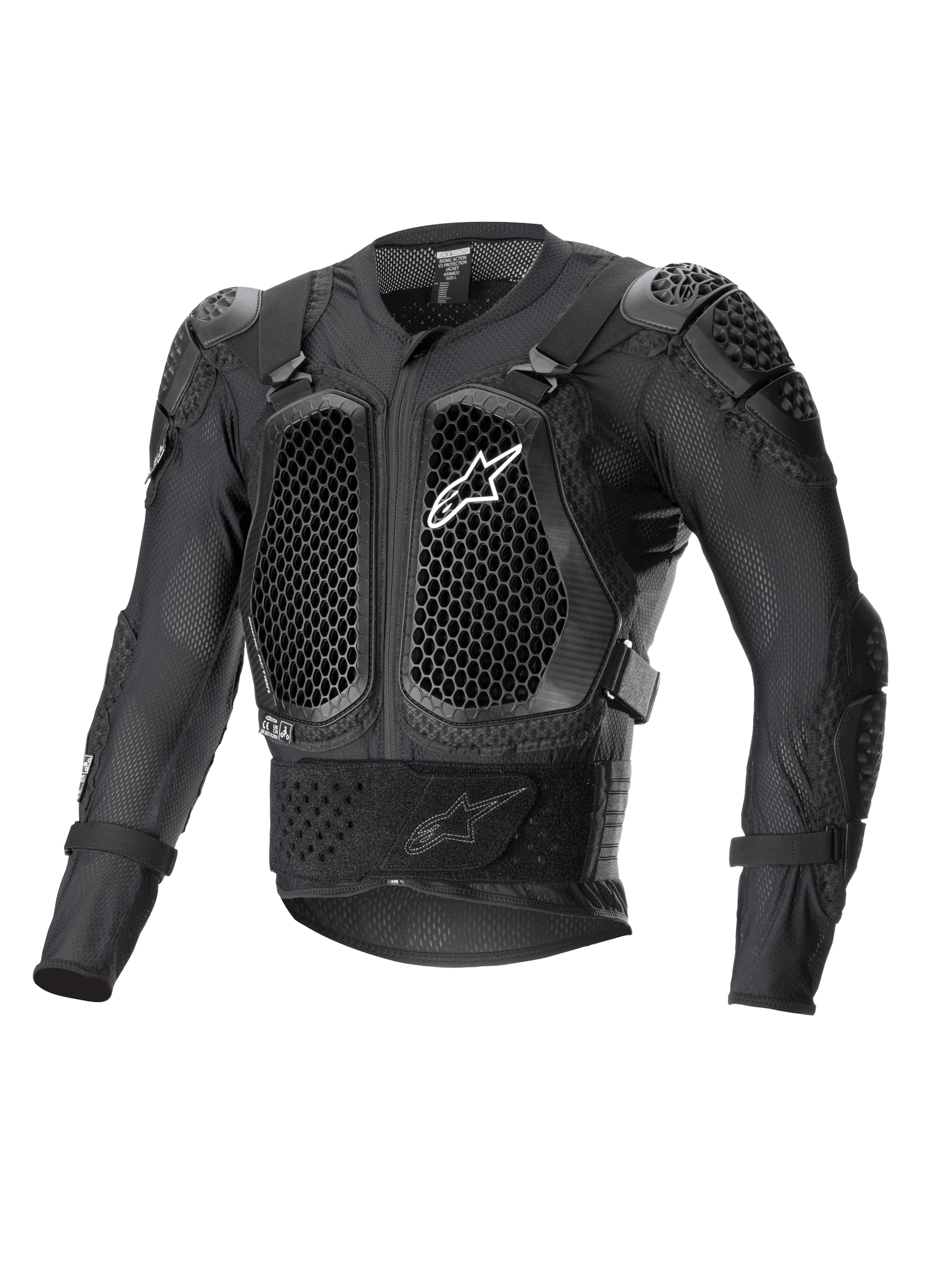 Alpinestars Bionic Action V2 beskyttelsesjakke, sort, med bikagemønstrede Cell Technology bryst- og albuebeskyttere, åndbar mesh-konstruktion, hvidt Alpinestars-logo på brystet, off-road motorcykelbeskyttelsesudstyr
