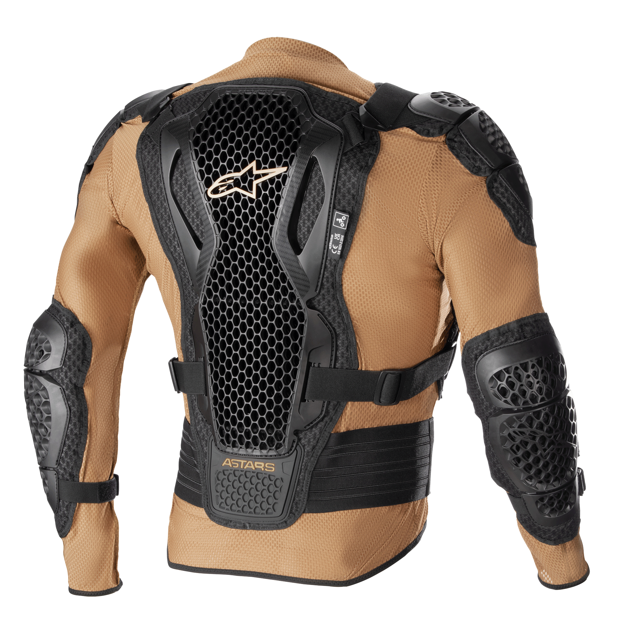 Alpinestars Bionic Action V2 beskyttelsesjakke, Sand Black og Tangerine, set bagfra, der viser Cell Technology-rygbeskytteren med honeycomb-design, integreret skulder- og albuebeskyttelse samt åndbar sandfarvet mesh-konstruktion.