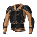 Alpinestars Bionic Action V2 beskyttelsesjakke, motorcykelbeskyttelse, sandfarvet og sort med orange detaljer, bikubemønstret Cell Technology bryst- og skulderbeskyttelse, åndbar mesh-konstruktion, integreret nyrebælte og justerbare stropper, CE-certificeret til motocross og terrænkørsel