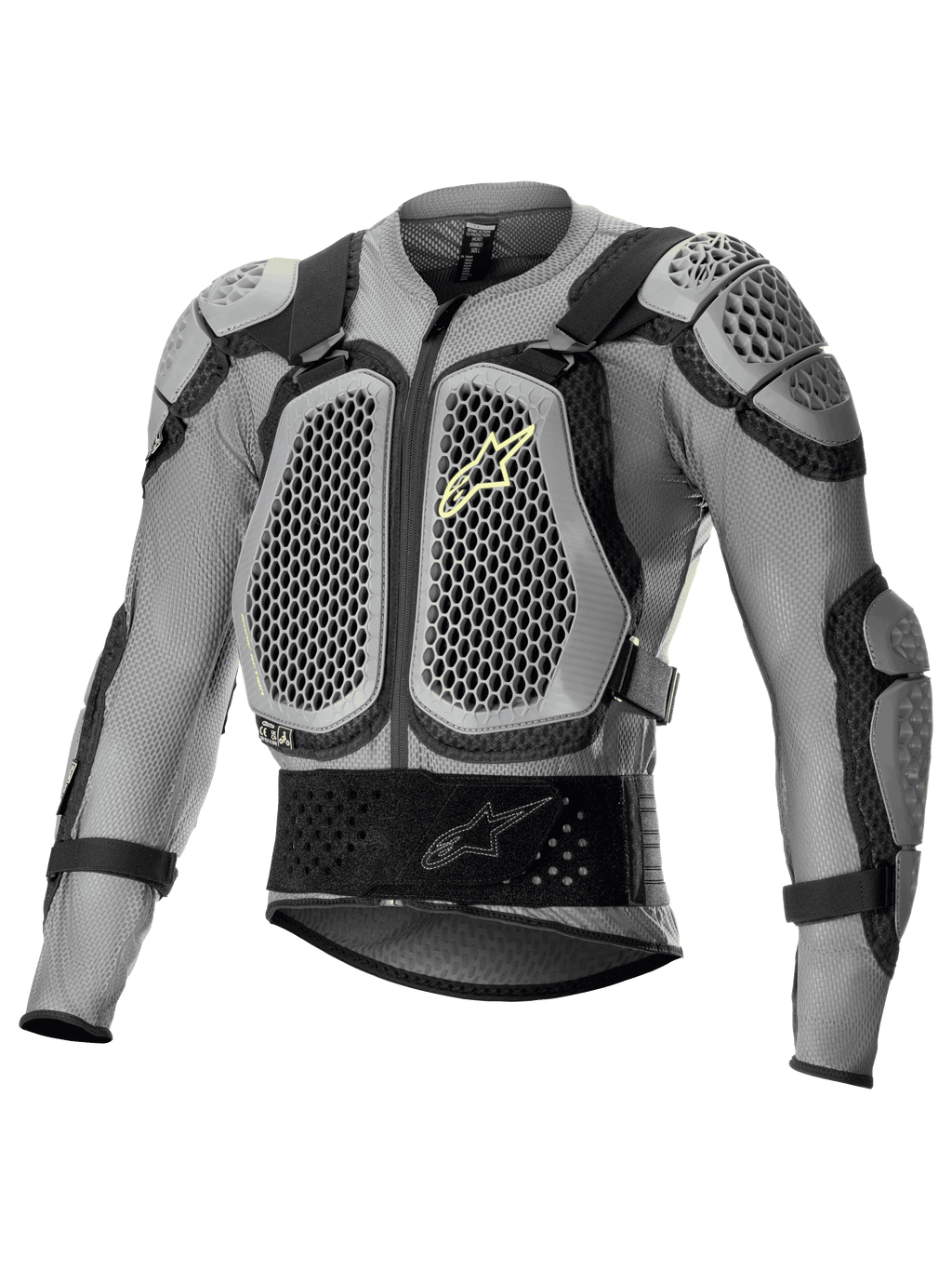 Alpinestars Bionic Action V2 beskyttelsesjakke, off-road motorcykelbeskyttelse, grå og sort med neongule detaljer, honeycomb-mønstret Cell Technology bryst- og skulderbeskyttelse, åndbar mesh-konstruktion, justerbare stropper og taljebælte til motocross og enduro