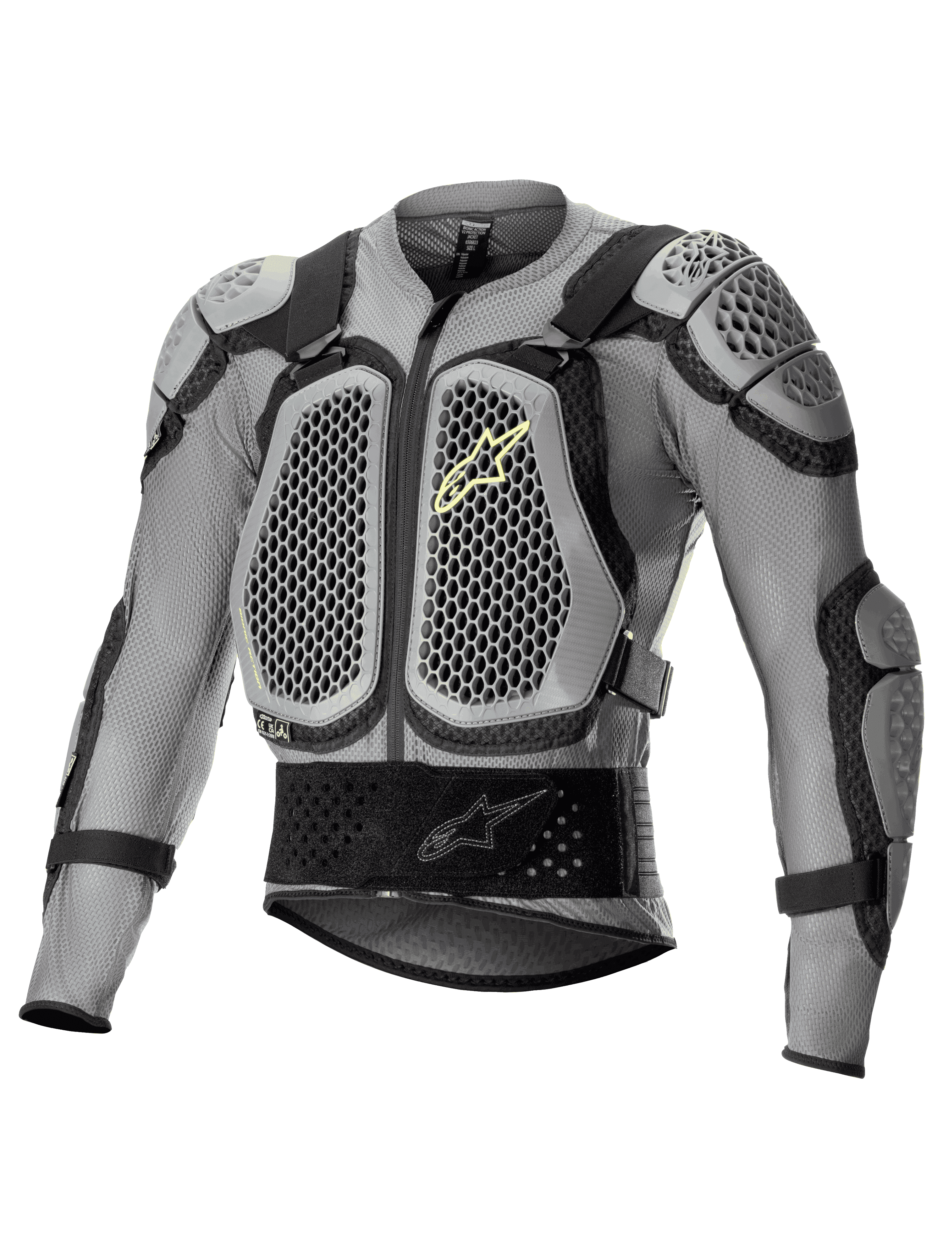 Alpinestars Bionic Action V2 beskyttelsesjakke, off-road motorcykelbeskyttelse, grå og sort med neongule detaljer, honeycomb-mønstret Cell Technology bryst- og skulderbeskyttelse, åndbar mesh-konstruktion, justerbare stropper og taljebælte til motocross og enduro