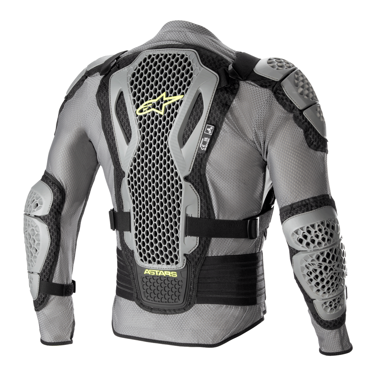 Alpinestars Bionic Action V2 beskyttelsesjakke, set bagfra, grå og sort med neon-gule detaljer, med meget perforerede Cell Technology ryg-, skulder- og albuebeskyttere, gråt mesh-chassis, sorte justerbare stropper og gul Astars-branding