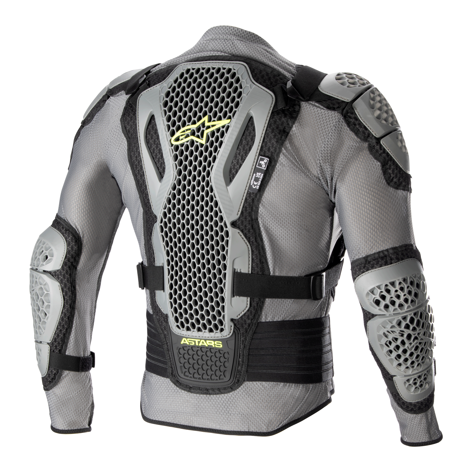 Alpinestars Bionic Action V2 beskyttelsesjakke, set bagfra, grå og sort med neon-gule detaljer, med meget perforerede Cell Technology ryg-, skulder- og albuebeskyttere, gråt mesh-chassis, sorte justerbare stropper og gul Astars-branding