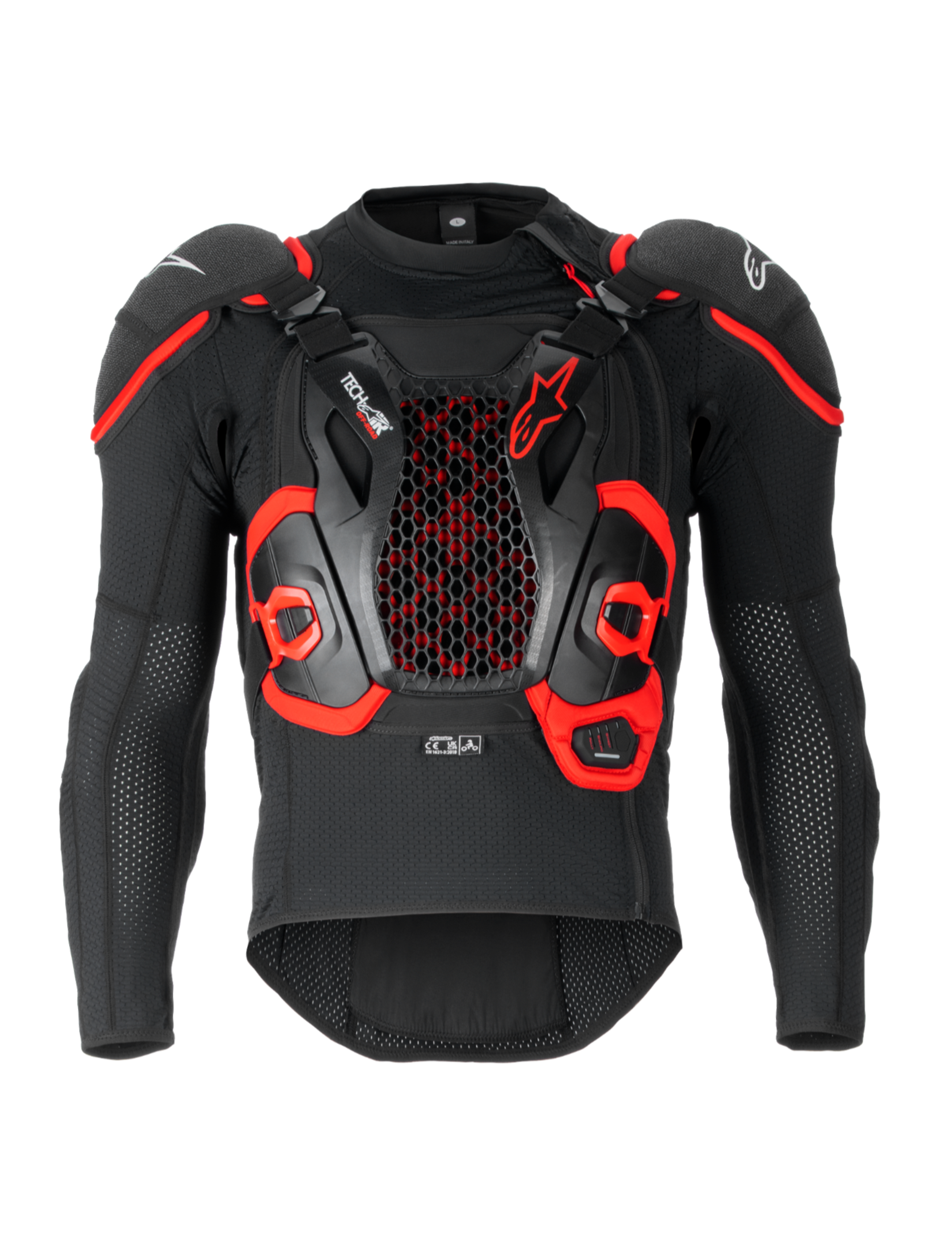 Alpinestars Tech-Air Off-Road System, FIM-homologeret off-road airbag-system, sort og rød, tekstilkonstruktion med integreret Nucleon CELL bryst- og rygbeskyttelse