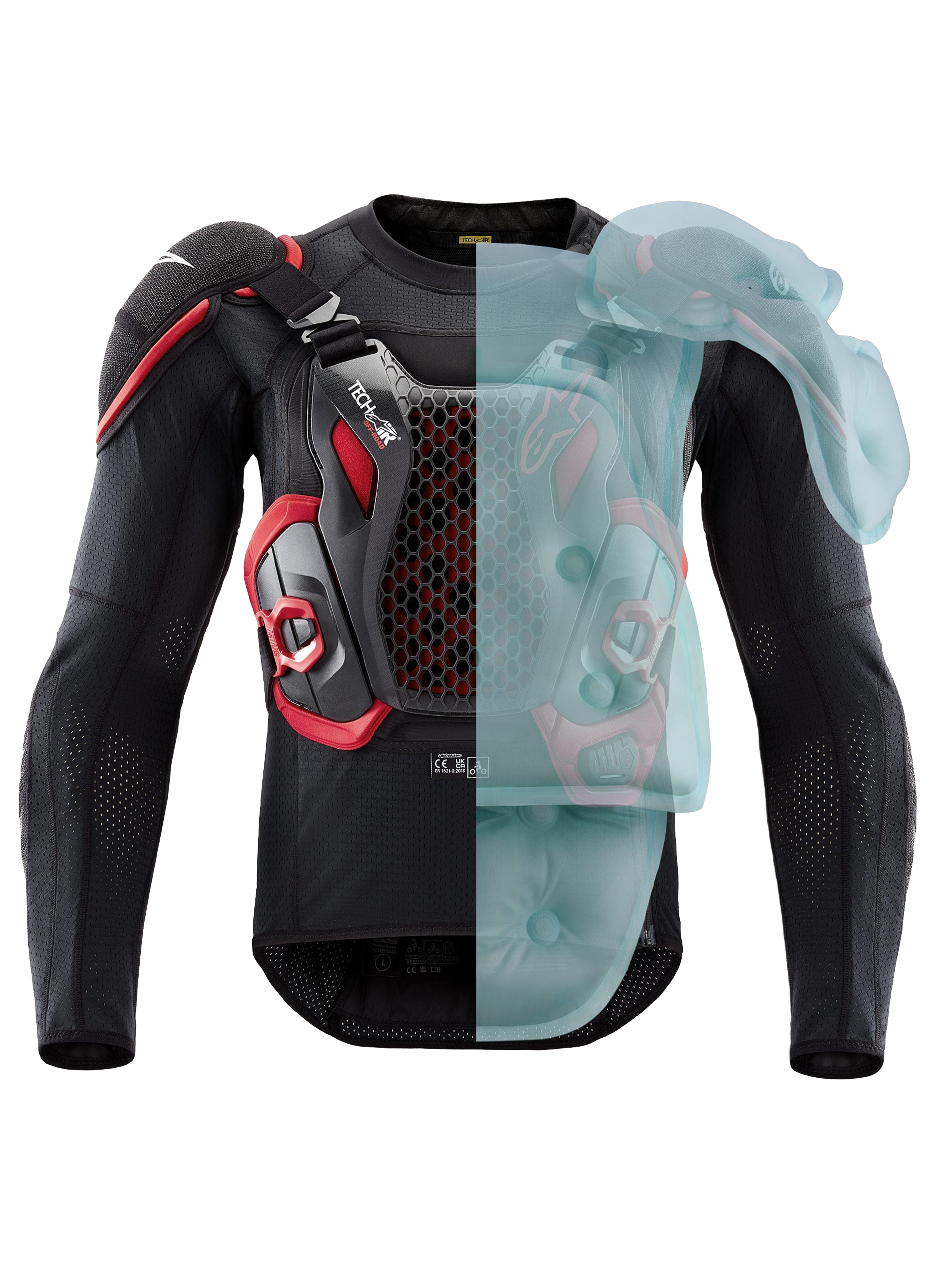 Alpinestars Tech-Air® Off-Road System, FIM-homologeret off-road og rally motorcykel airbagbeskyttelsesjakke, sort og rød, med aktiv airbagdækning på den ene side