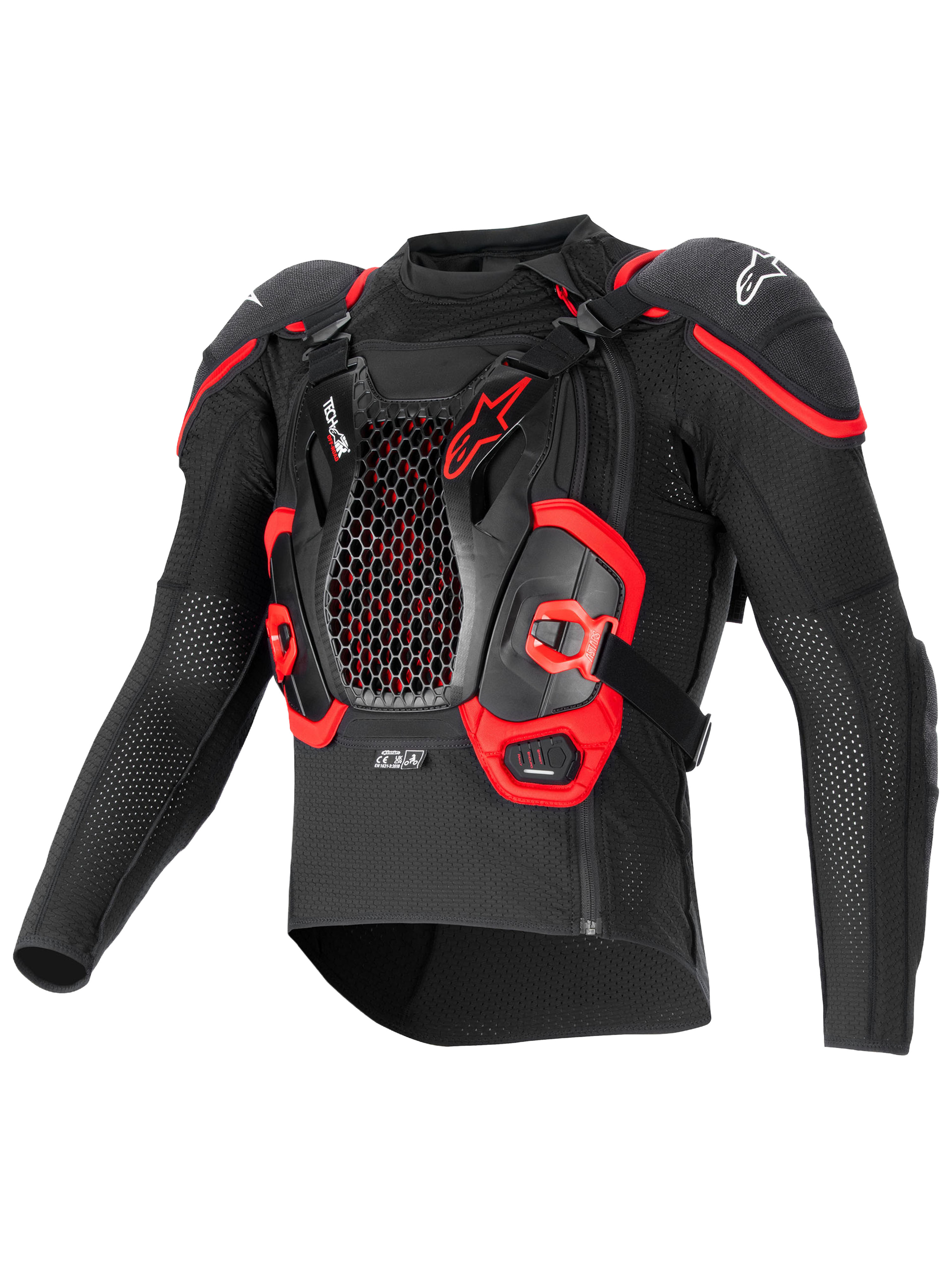 Alpinestars Tech-Air® Off-Road System, off-road airbag- og beskyttelsesjakke, sort og rød, tekstilkonstruktion med integreret Nucleon CELL bryst- og rygbeskyttelse