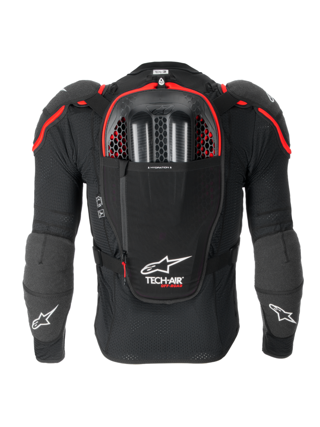 Alpinestars Tech-Air® Off-Road System, off-road motorcykelairbagsystem, set bagfra i sort og rød, med integreret Nucleon CELL-rygbeskytter, rum til væskeblære og CE-certificeret beskyttelse