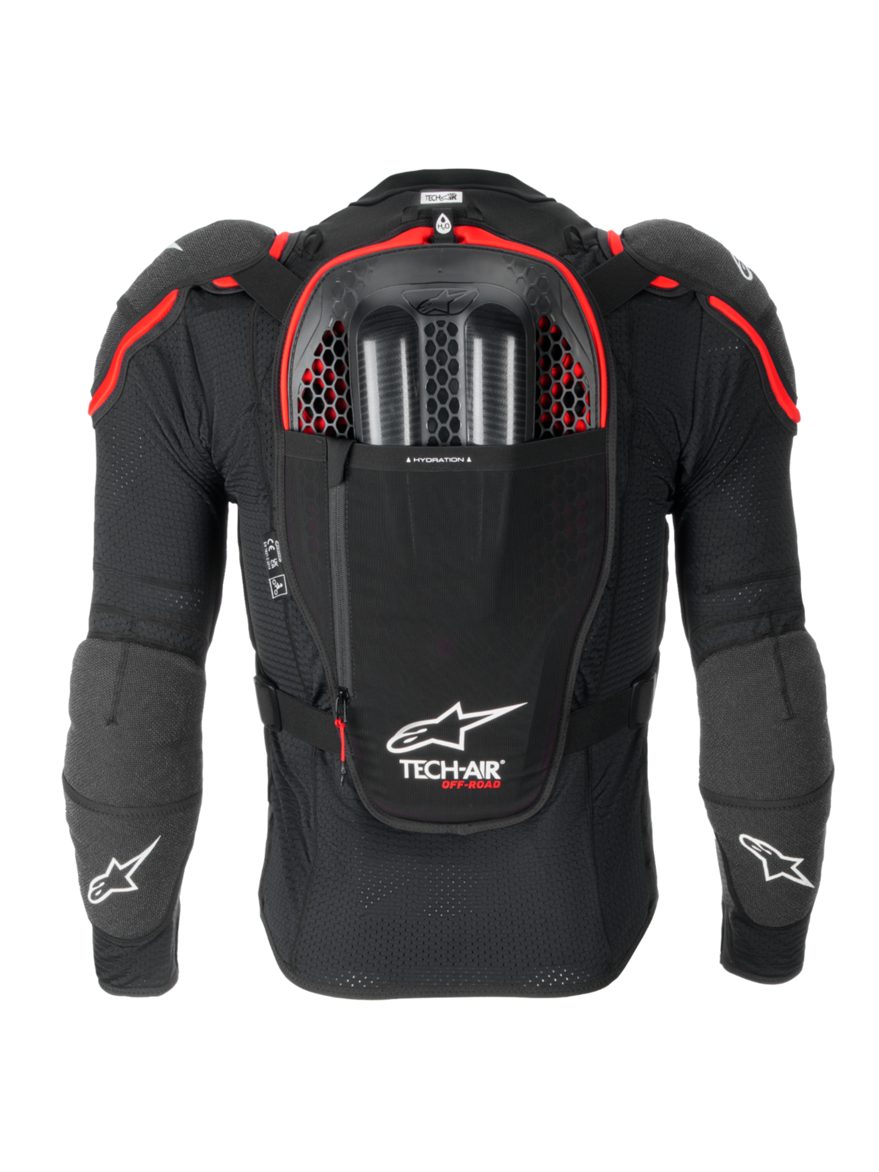 Alpinestars Tech-Air® Off-Road System, off-road motorcykelairbagsystem, set bagfra i sort og rød, med integreret Nucleon CELL-rygbeskytter, rum til væskeblære og CE-certificeret beskyttelse