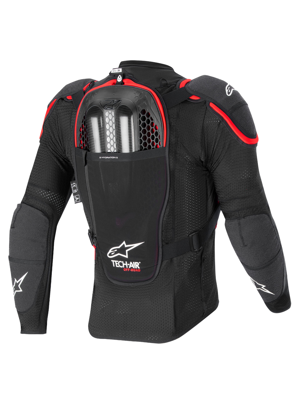 Alpinestars Tech-Air® Off-Road System, off-road motorcykel airbag-beskyttelsesjakke, bagfra, sort og rød, med integreret Nucleon CELL rygbeskytter og dobbeltladet inflatorrum