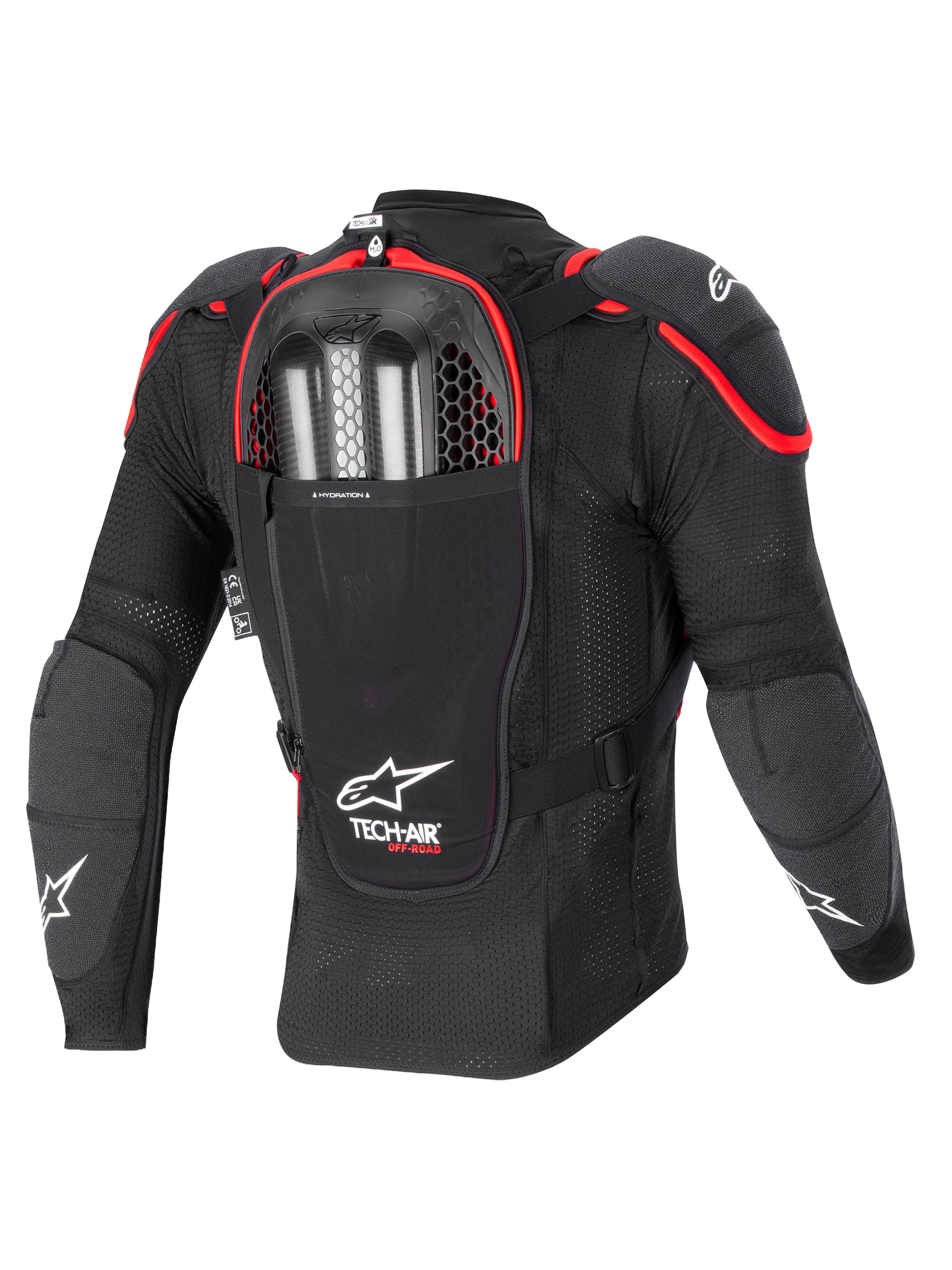 Alpinestars Tech-Air® Off-Road System, off-road motorcykel airbag-beskyttelsesjakke, bagfra, sort og rød, med integreret Nucleon CELL rygbeskytter og dobbeltladet inflatorrum