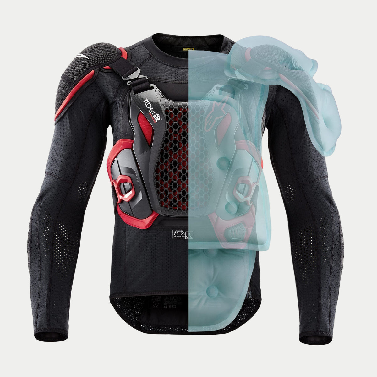 Tech-Air® Off-Road System, splitvisning af sort/rød beskyttelsesjakke med et oppustet blåt airbag-overlay.