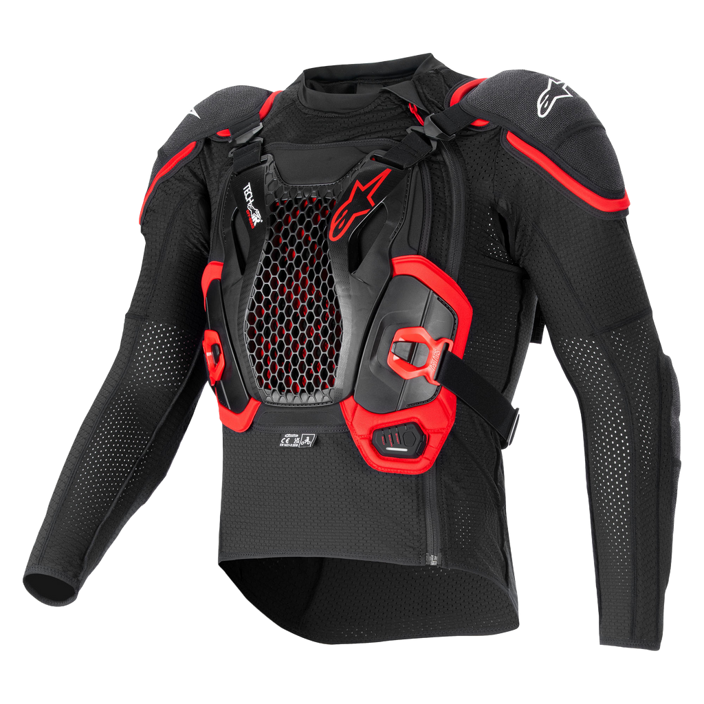 Alpinestars Tech-Air® Off-Road System, sort og rød airbag-beskyttelsesjakke med brystbeskytter i bikagestruktur og mesh.