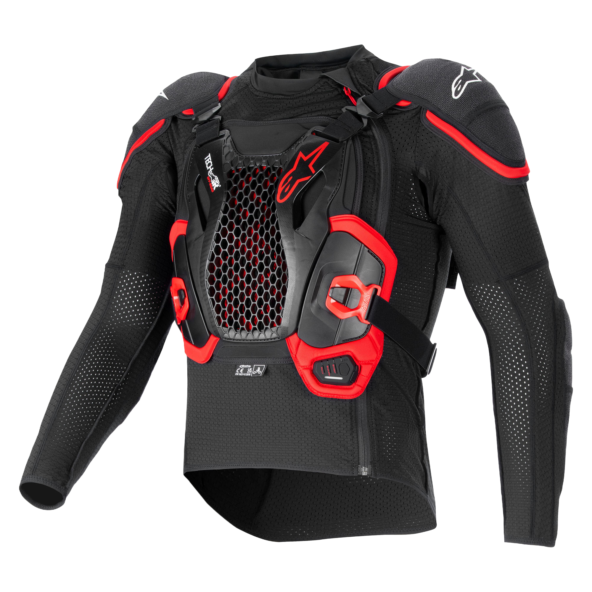 Alpinestars Tech-Air® Off-Road System, sort og rød airbag-beskyttelsesjakke med brystbeskytter i bikagestruktur og mesh.