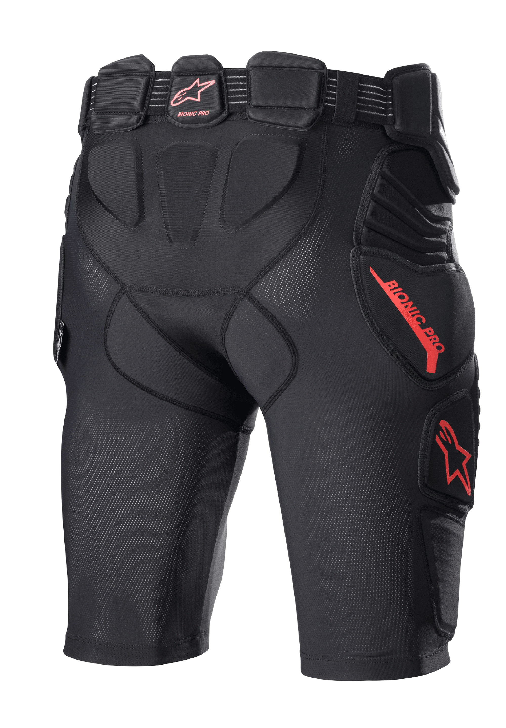 Alpinestars Bionic Pro beskyttelsesshorts, motocross beskyttelsesshorts, sort og rød, set bagfra med integreret hofte- og lårpolstring, åndbar mesh-konstruktion, rødt Alpinestars-logo og branding, beskyttende baselayer til terrænkørsel