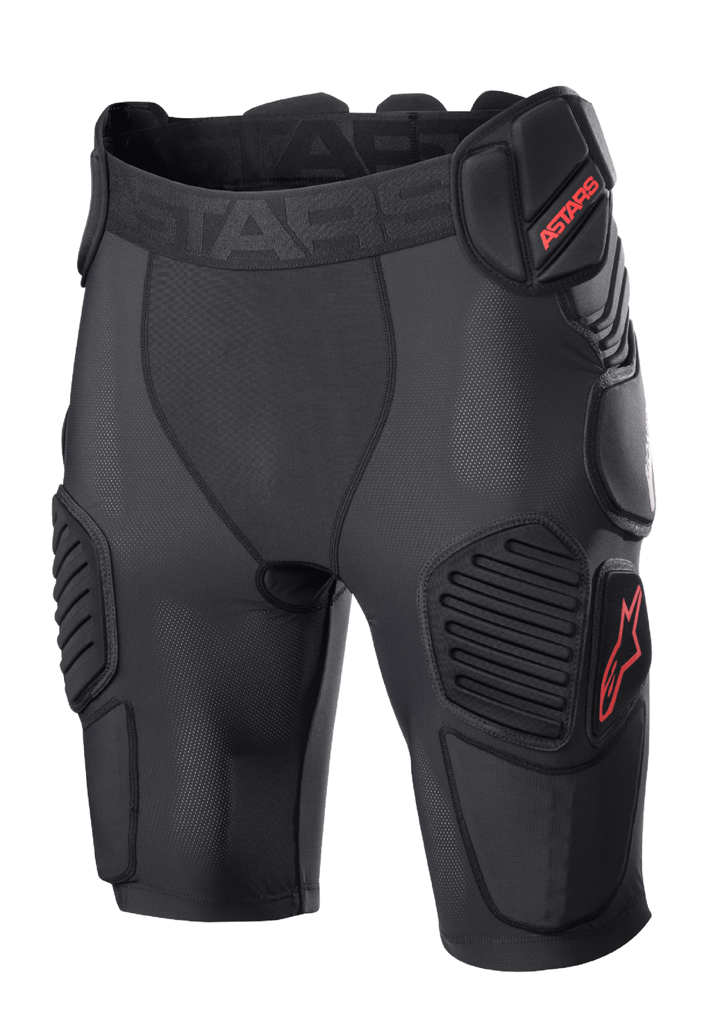 Alpinestars Bionic Pro Protection Shorts, motocross beskyttelsesshorts, sort og rød, med polstret beskyttelse til hofter og lår, åndbart mesh-materiale, elastisk linning med rødt ASTARS-logo, teknisk design til beskyttelse ved off-road kørsel