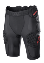 Alpinestars Bionic Pro Protection Shorts, motocross beskyttelsesshorts, sort og rød, med polstret beskyttelse til hofter og lår, åndbart mesh-materiale, elastisk linning med rødt ASTARS-logo, teknisk design til beskyttelse ved off-road kørsel