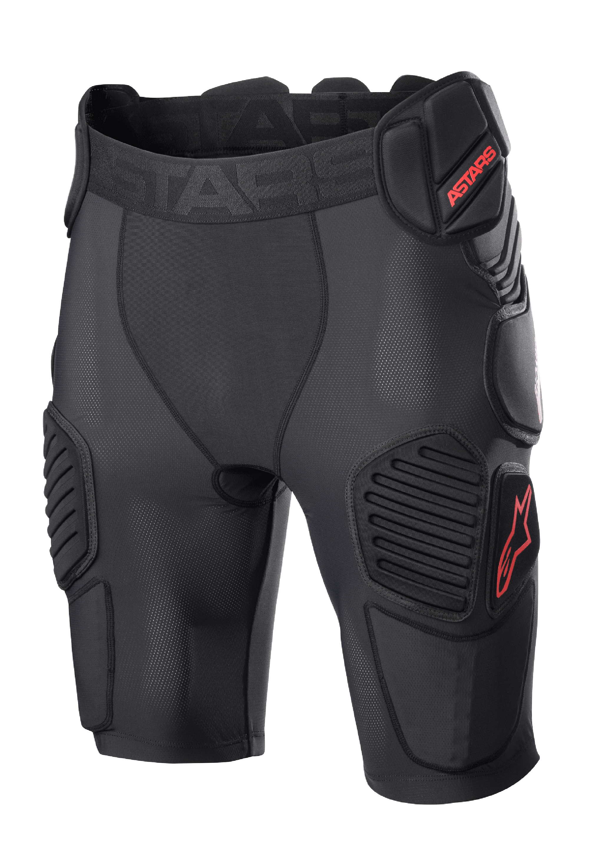 Alpinestars Bionic Pro Protection Shorts, motocross beskyttelsesshorts, sort og rød, med polstret beskyttelse til hofter og lår, åndbart mesh-materiale, elastisk linning med rødt ASTARS-logo, teknisk design til beskyttelse ved off-road kørsel