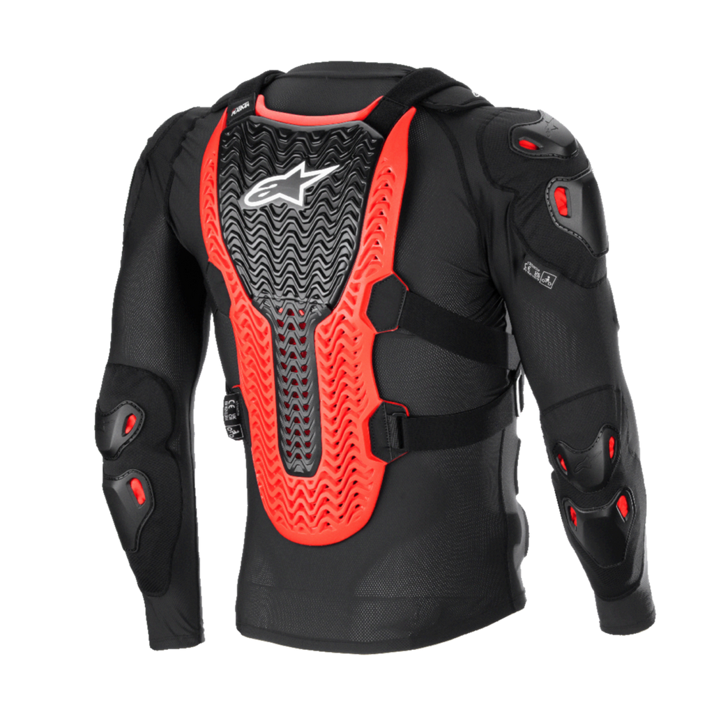 Alpinestars Bionic XTR Plasma beskyttelsesjakke, sort, rød og hvid, set bagfra med den store rillede Nucleon PLASMA rygbeskytter, skulder- og albuepolstring, sort mesh-konstruktion til off-road motocross-beskyttelse