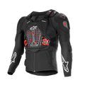 Alpinestars Bionic XTR Plasma Protection Jacket, sort med røde og hvide detaljer, motorcykel-beskyttelsesudstyr, åndbart chassis med mesh-tekstur, ventileret brystplade med røde Nucleon PLASMA-indsatser, hvide stjernelogoer på ærmerne, justerbare sidespænder, high-impact off-road udstyr