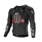 Alpinestars Bionic XTR Plasma Protection Jacket, sort med røde og hvide detaljer, motorcykel-beskyttelsesudstyr, åndbart chassis med mesh-tekstur, ventileret brystplade med røde Nucleon PLASMA-indsatser, hvide stjernelogoer på ærmerne, justerbare sidespænder, high-impact off-road udstyr